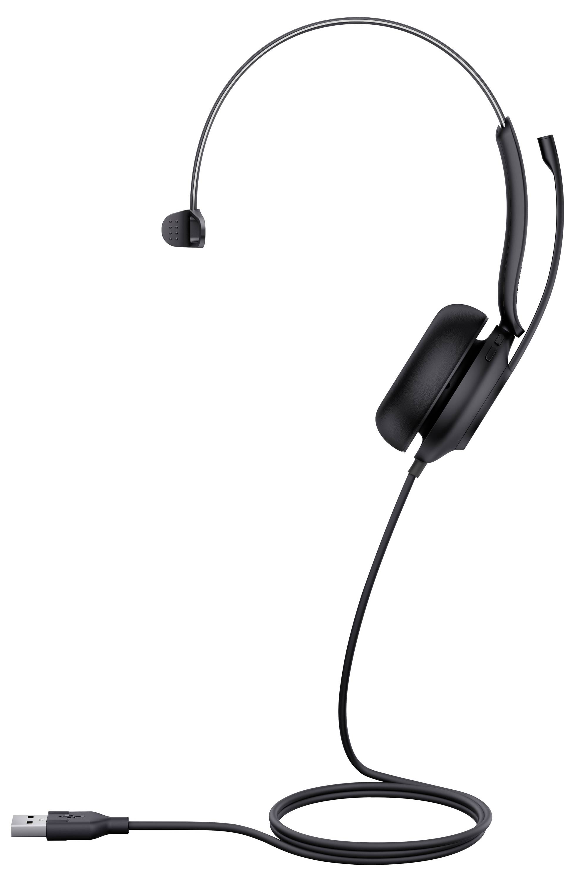 Ein schwarzes, kabelgebundenes Computer-Headset mit USB-Verbindung, mit einem einzelnen Ohrpolster und einem Mikrofon auf einem verstellbaren Arm.