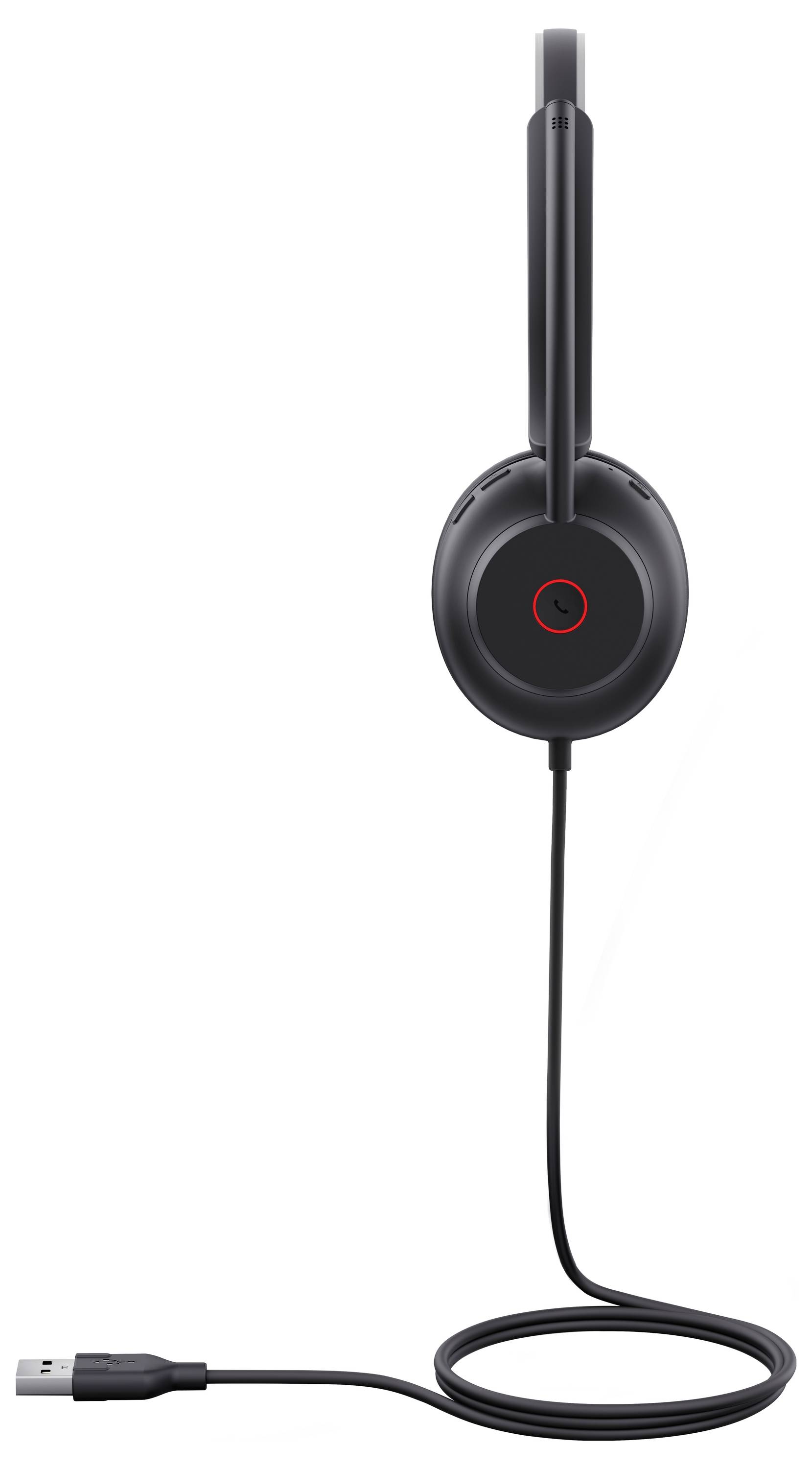 Schwarzes USB-Headset mit angebautem Mikrofon mit kreisförmigem Ohrmuschel-Design und langem Verbindungskabel.