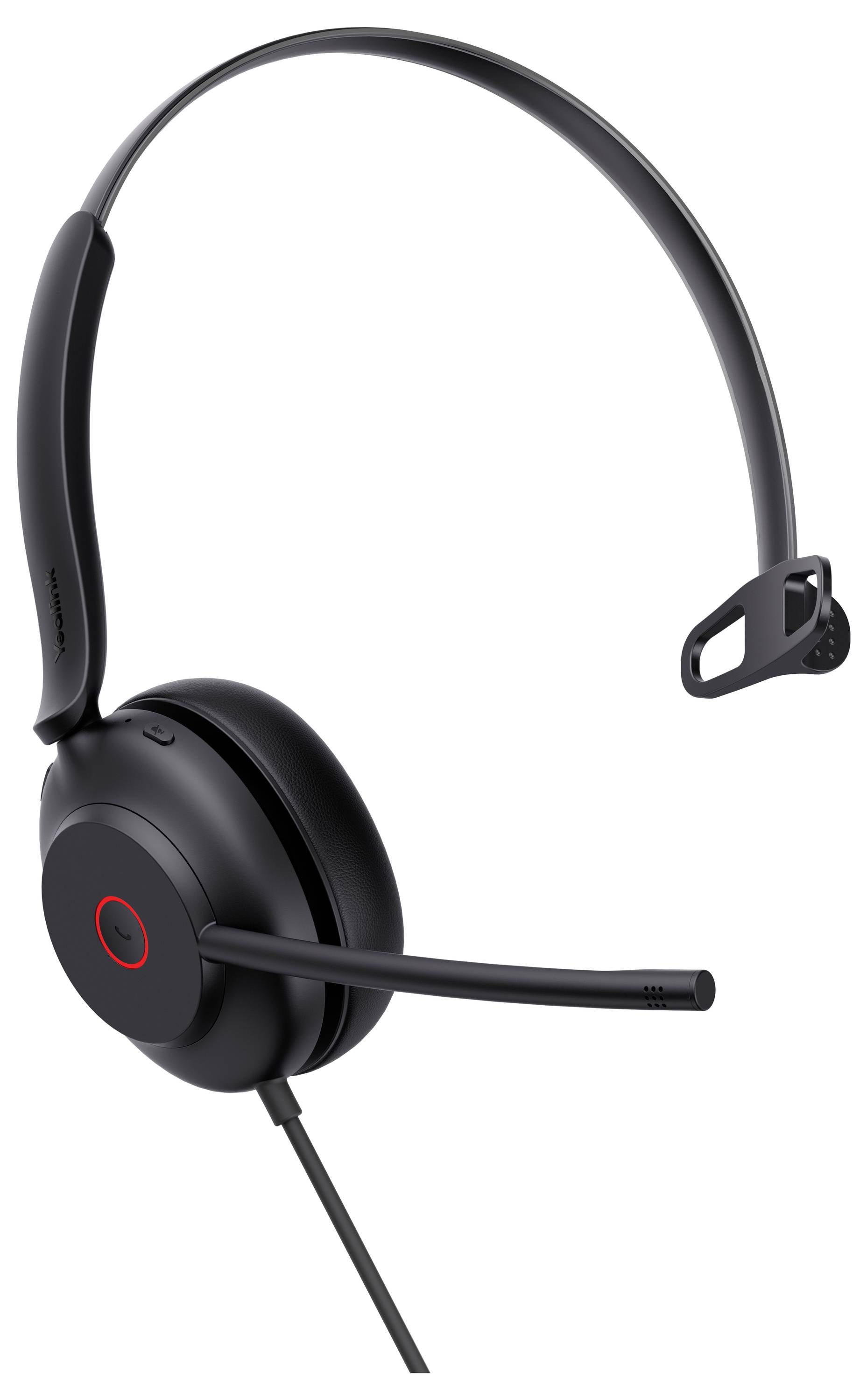 Ein schwarzes Over-the-Head-Headset mit Boom-Mikrofon und rotem Akzent auf der Ohrmuschel, konzipiert für freihändige Kommunikation oder Gaming.