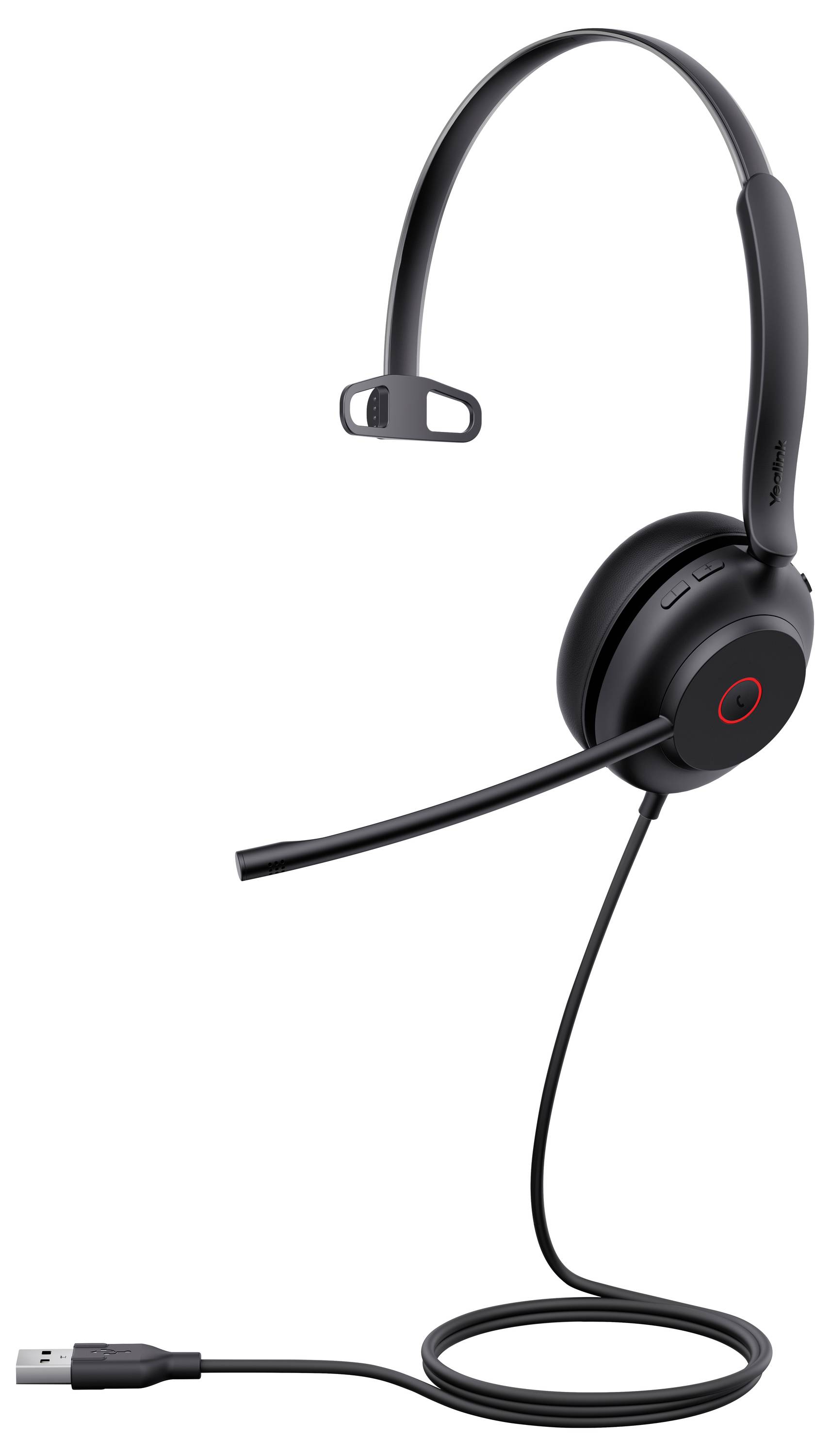 Ein schwarzes USB-Headset mit einem einzelnen Ohrhörer und Mikrofon auf einem verstellbaren Ausleger; geeignet für Anrufe oder Online-Meetings.