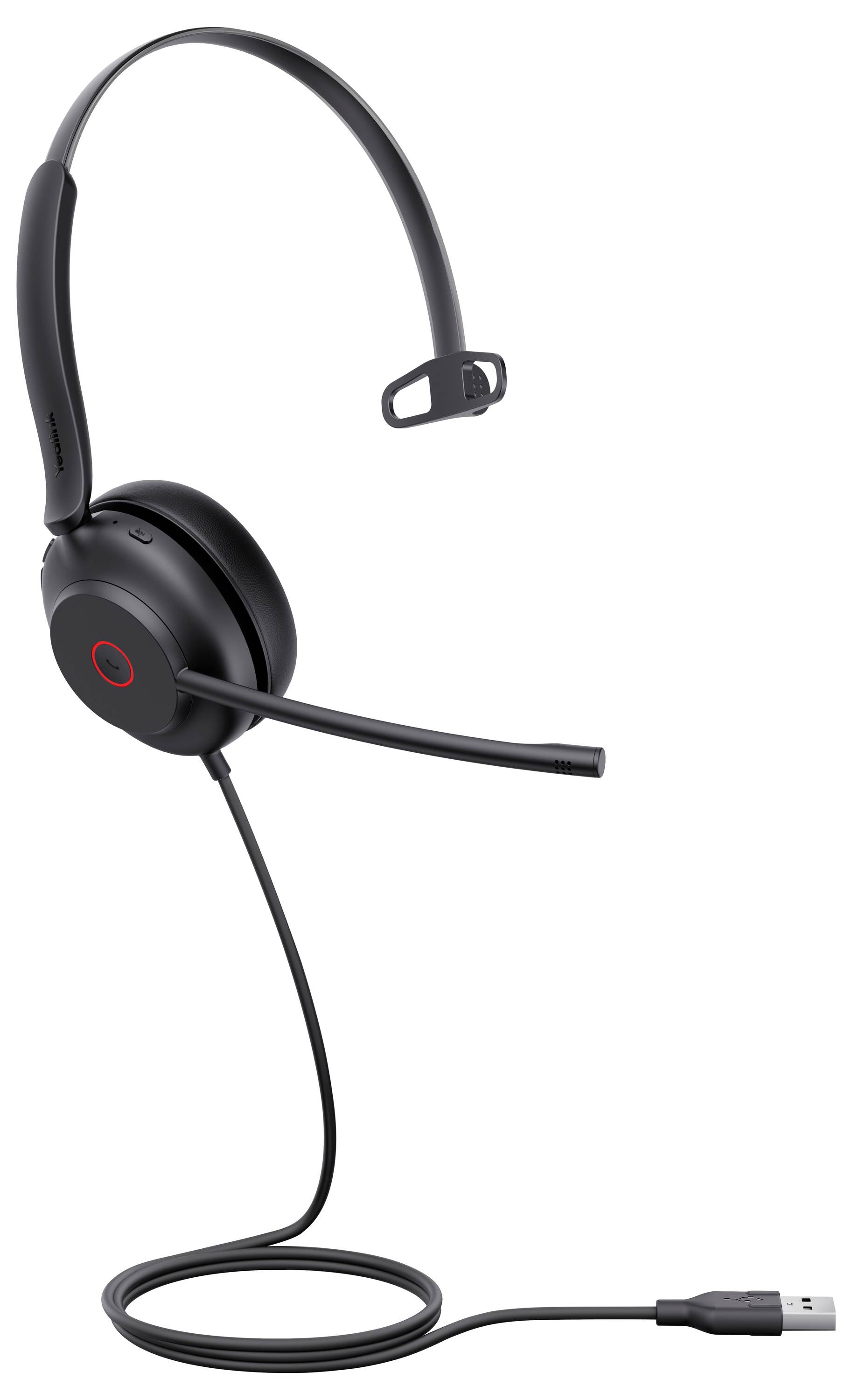 Ein schwarzes USB-Kopfhörer-Headset zum Überziehen mit einseitigem Ohrbügel und verstellbarem Mikrofon, entwickelt für die Computernutzung.