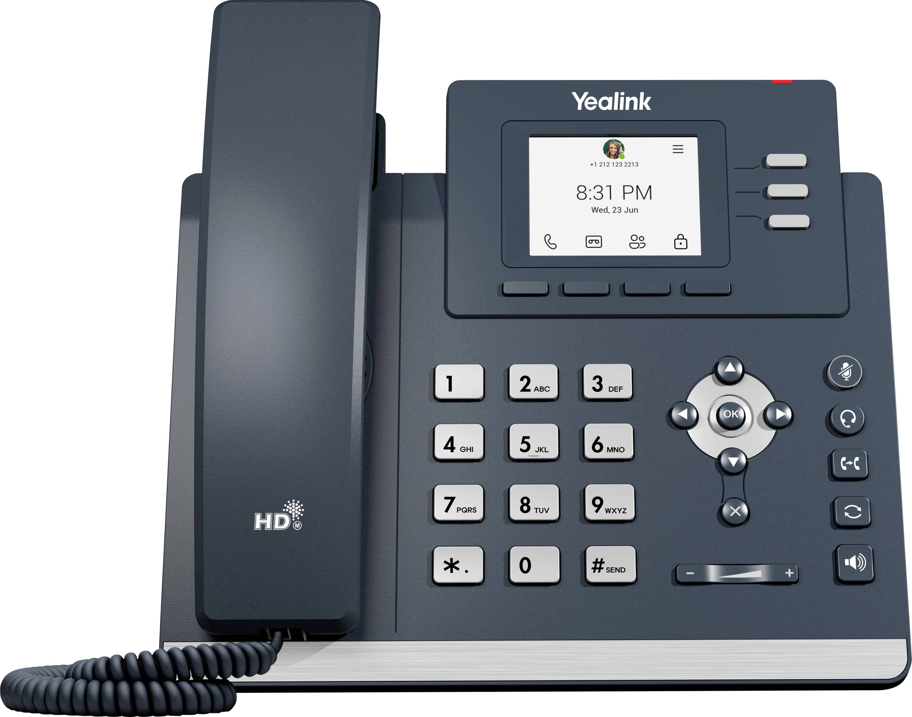 Ein Yealink-Bürotelefon mit Zeitanzeige 8:31 PM und Datum Mi, 28. Juni auf dem Display. Enthält eine Tastatur, ein Display und einen Hörer.