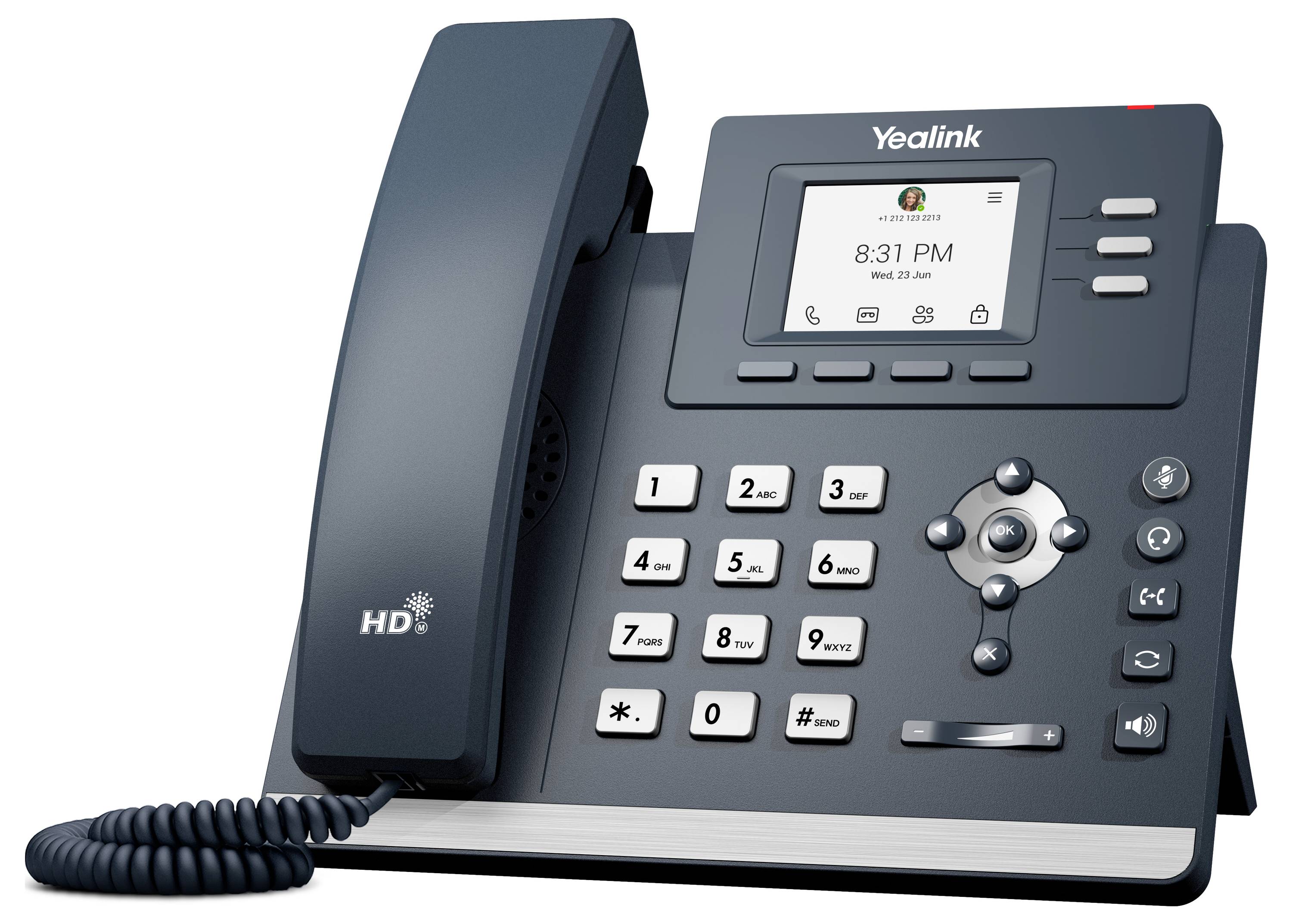 Ein dunkelblaugraues Bürotischtelefon mit digitalem Display, gekennzeichneten Tasten, einer Tastatur und einem spiralförmigen Telefonhörer mit Kabel, das die Uhrzeit 20:31 Uhr anzeigt.