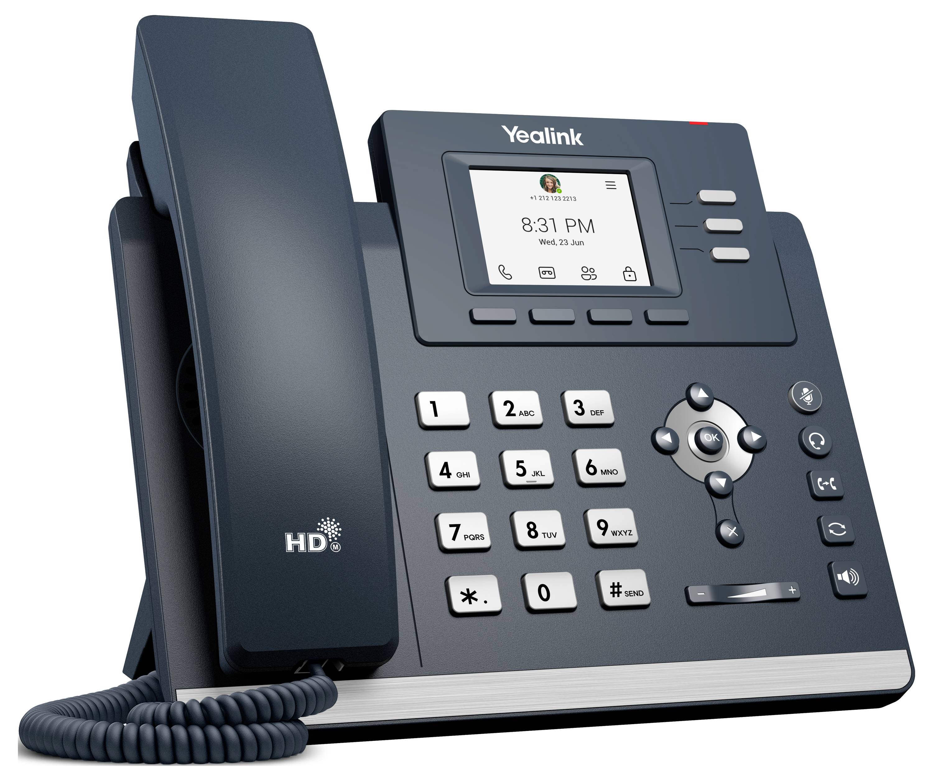 Ein schwarzes Bürotelefon mit digitalem Display zeigt '20:31 Uhr, 23. Sep' und 'Yealink' oben an, mit einer Tastatur und Funktionstasten.