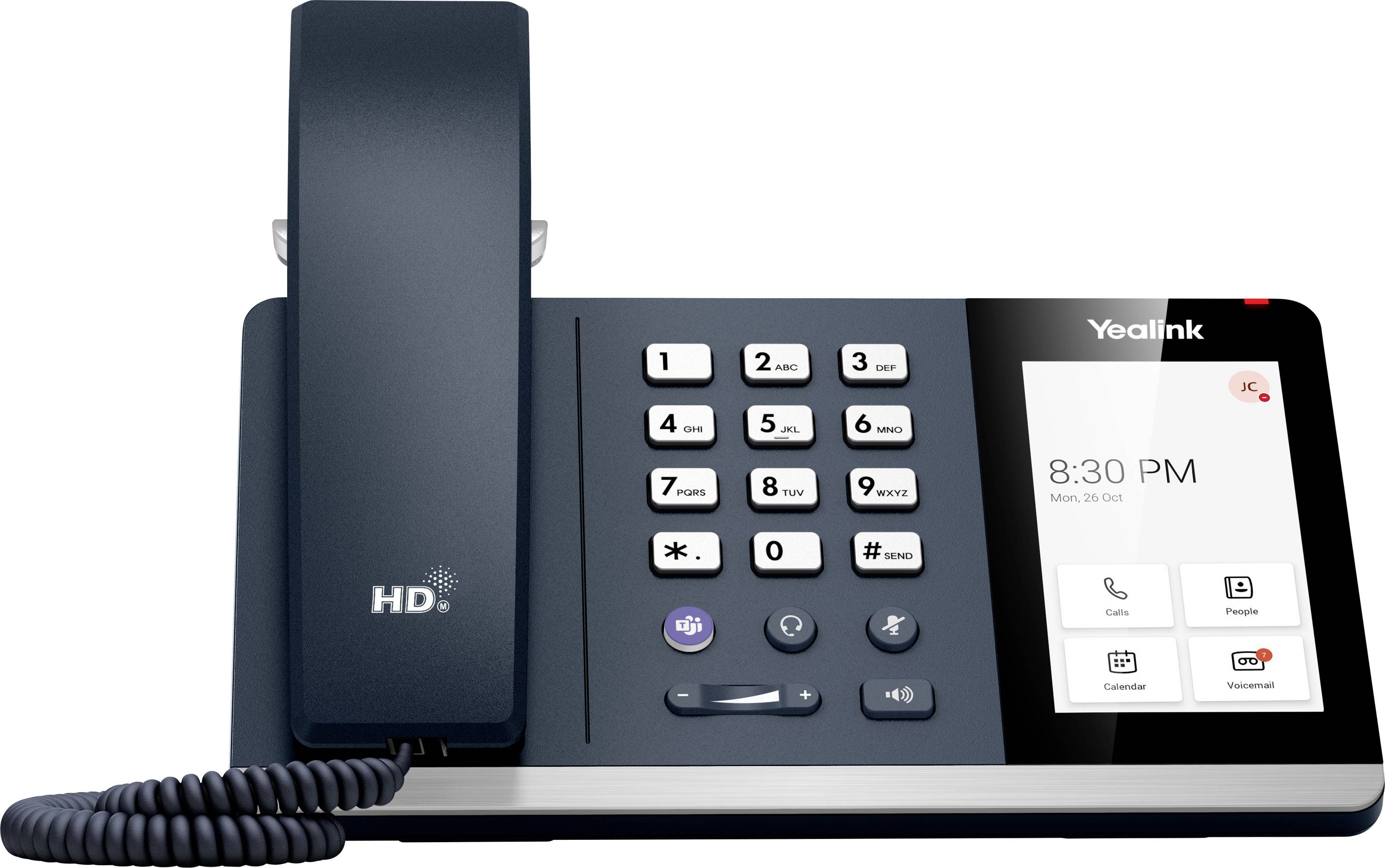 Ein modernes Büro-Schreibtischtelefon mit digitalem Display, das die Uhrzeit 