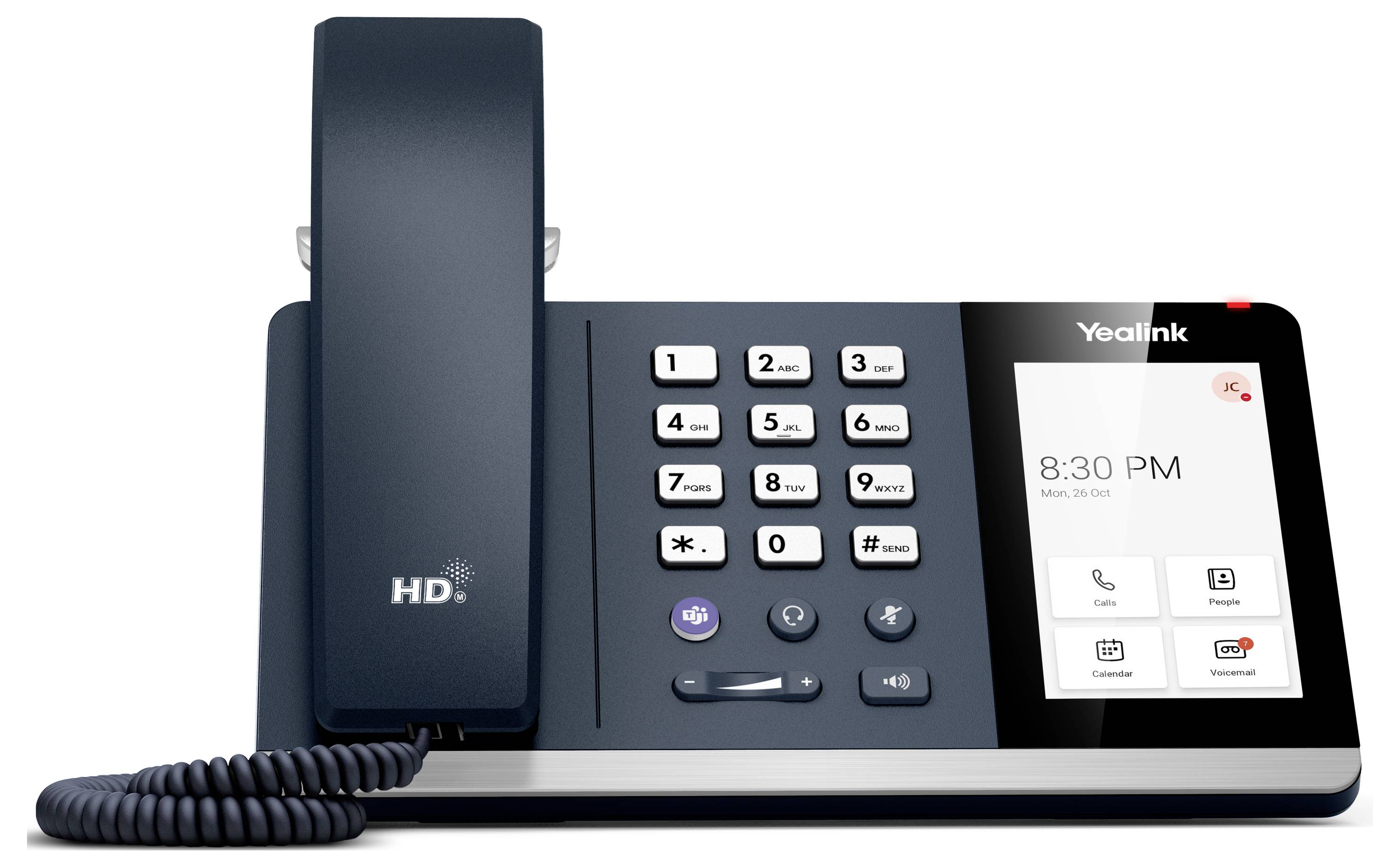 Ein schwarzes Bürotischtelefon mit einer Zehnertastatur, einer Sprechertaste und einem digitalen Display, das die Uhrzeit 20:30 Uhr und das Datum Mo., 04. Okt. anzeigt.