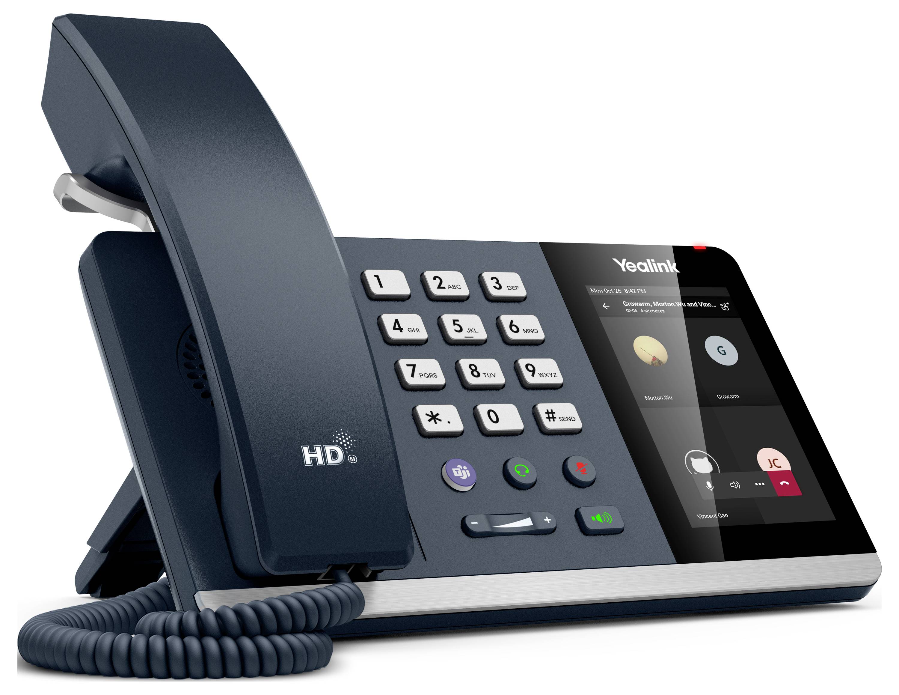Ein schwarzes Tischtelefon mit digitaler Anzeige, die verschiedene Symbole und Kontaktoptionen anzeigt. Die Tastatur umfasst mehrere Tasten für Anrufe.