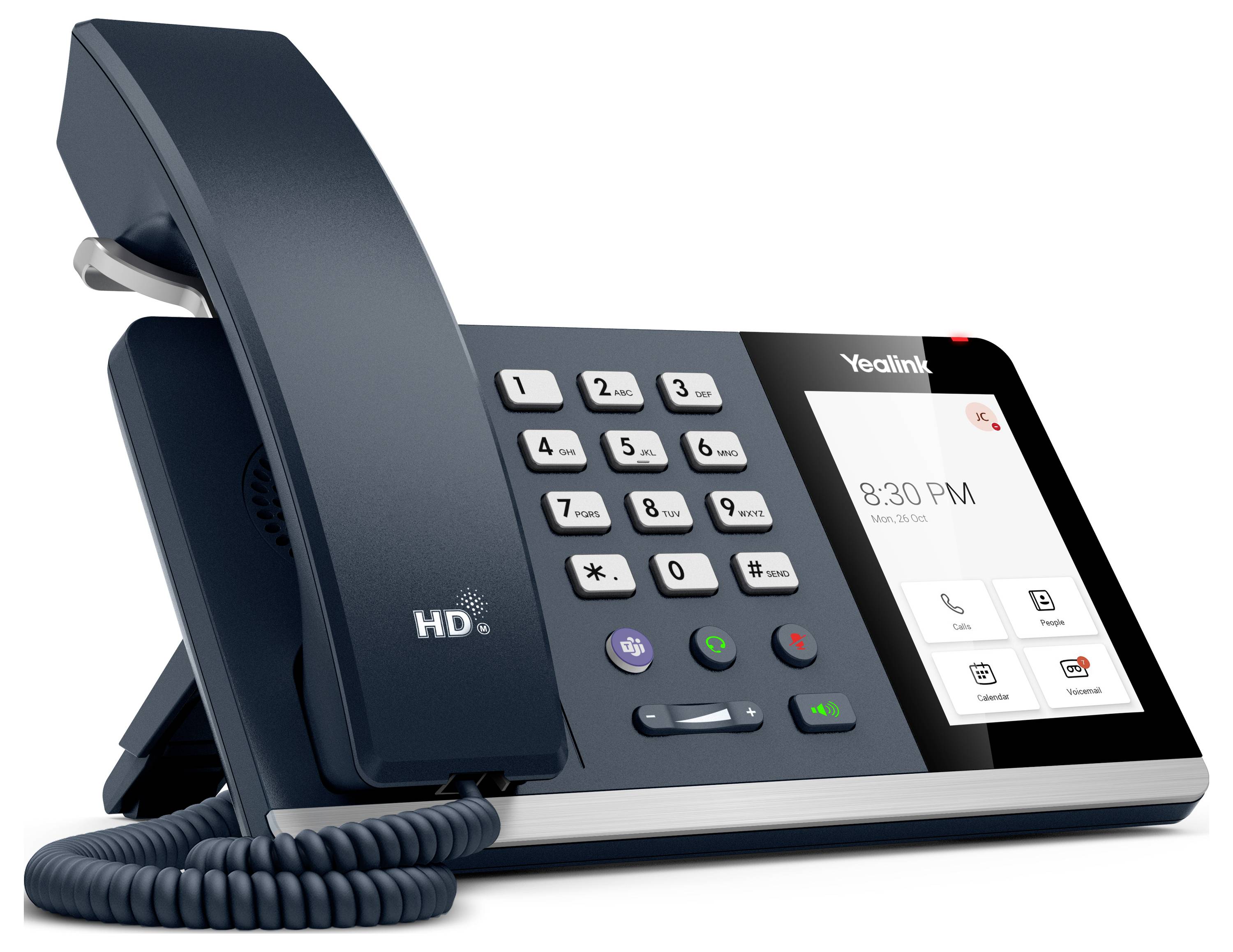 Ein schwarzes Schreibtischtelefon mit schnurgebundenem Hörer und digitaler Anzeige, die die Uhrzeit 20:30 Uhr, das Datum Mo. 8. Aug. und Optionen für Sprachnachrichten und Kontakte anzeigt.