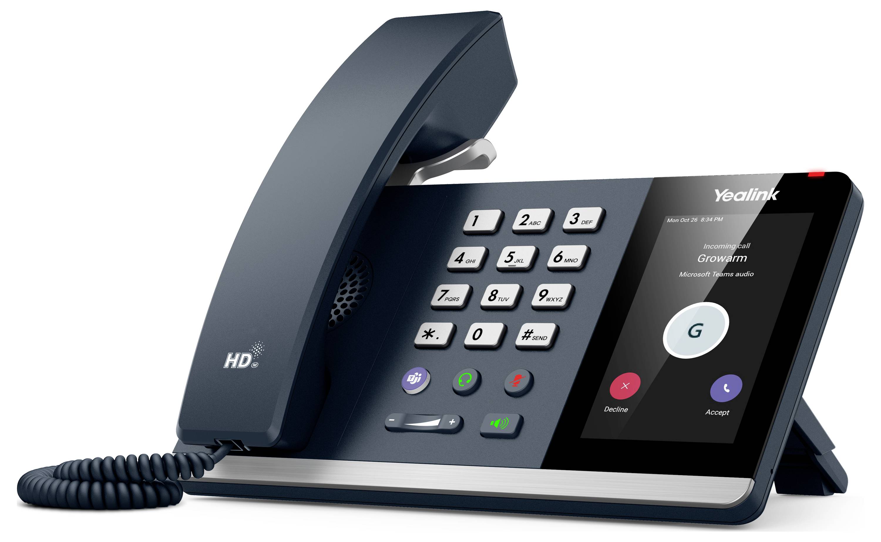 Ein schwarzes Schreibtischtelefon mit digitalem Display zeigt Anrufoptionen zum 
