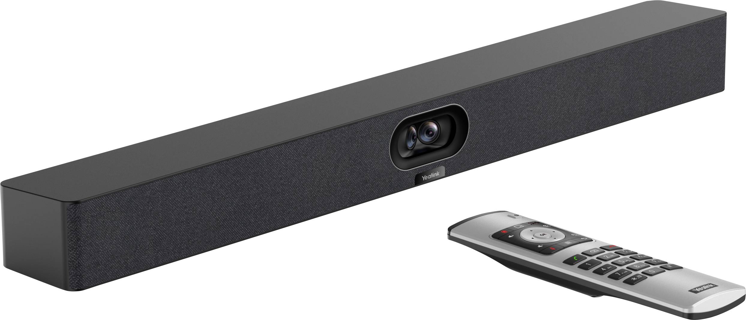 Eine schwarze Soundbar mit einem zentralen Kameraobjektiv sitzt auf weißem Hintergrund neben einer silbernen Fernbedienung mit mehreren Tasten.