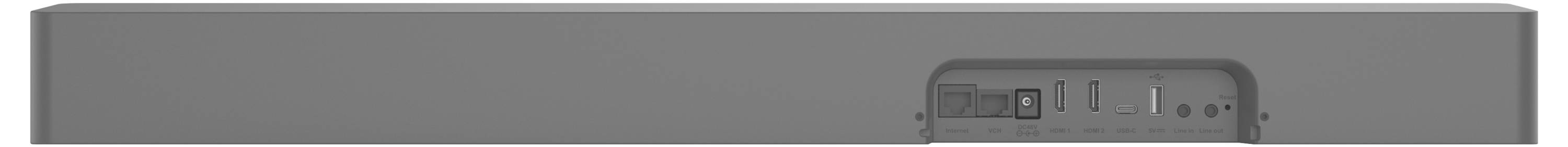 Rückansicht einer grauen Soundbar mit Anschlussanschlüssen, darunter HDMI, optisches Audio und USB.