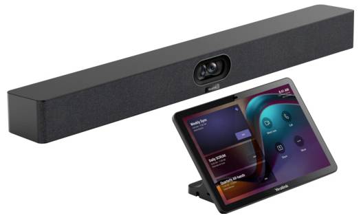 Eine Videokonfernz-Soundbar mit einem Touchscreen-Bedienfeld, das Anrufoptionen und Einstellungen anzeigt, entworfen für geschäftliche Nutzung.