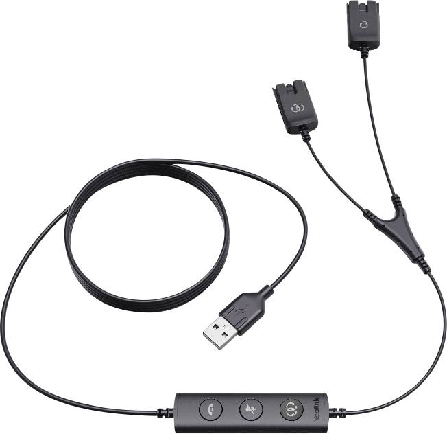 USB-Ladekabel mit integriertem Drei-Tasten-Controller und zwei kopfhörerstil-Steckverbindern auf weißem Hintergrund