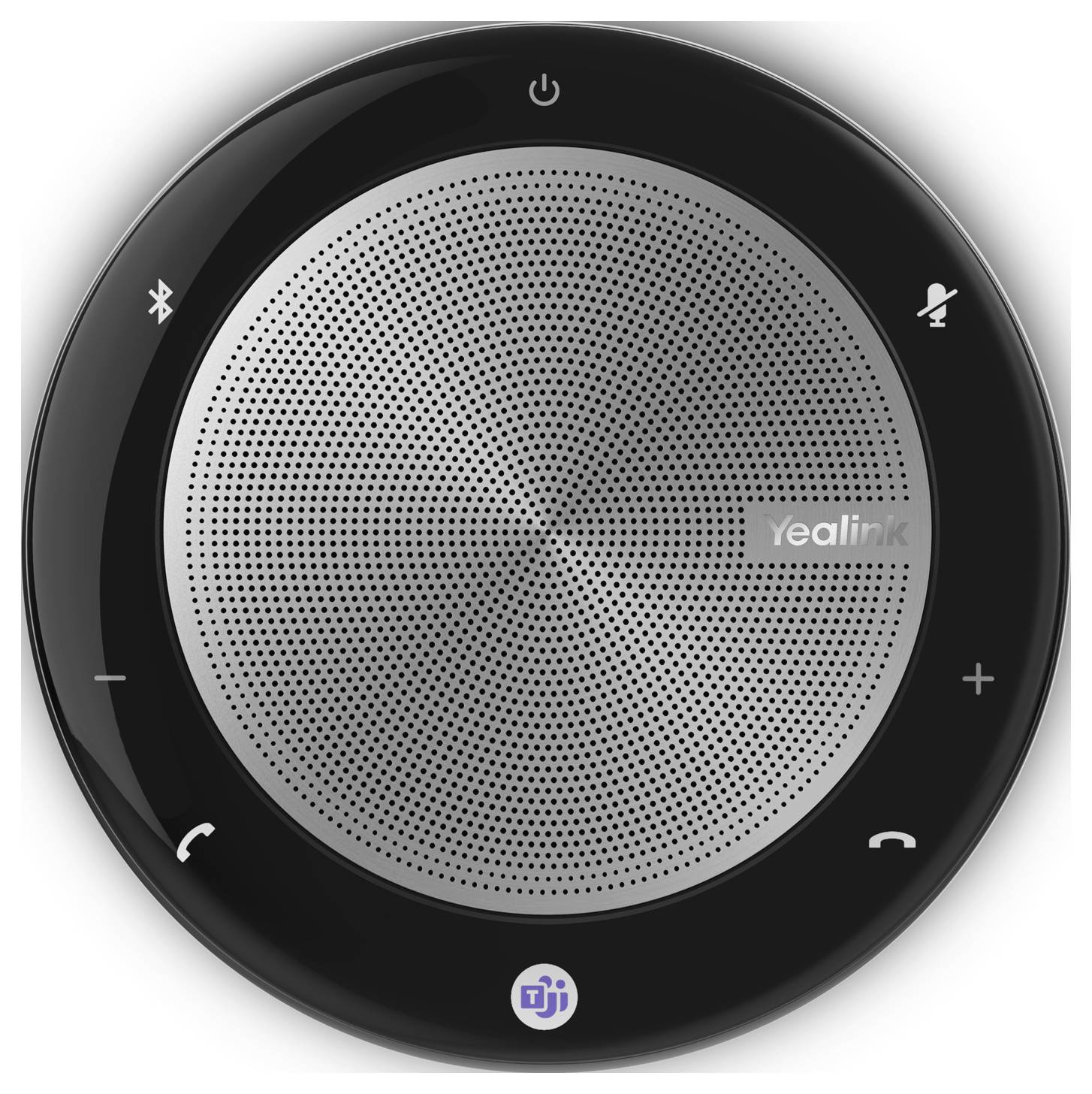 Draufsicht eines Yealink-Konferenz-Freisprechtelefons mit Touch-Tasten für Stromversorgung, Bluetooth, Stummschaltung, Lautstärke und Anrufsteuerung.