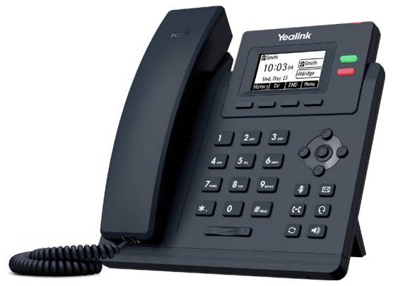 Ein schwarzes Yealink-Bürotelefon mit digitaler Anzeige, die Datum und Uhrzeit anzeigt, mit verschiedenen Tasten für Anruffunktionen und Navigation.
