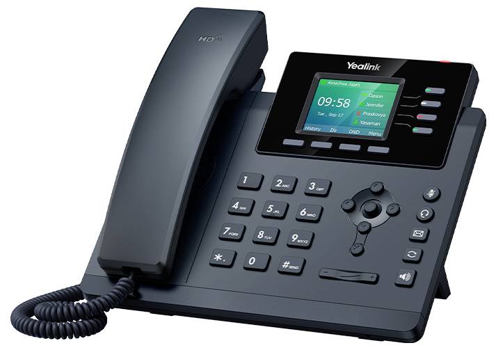 Ein schwarzes Büro-Schreibtischtelefon mit digitaler Anzeige, die 
