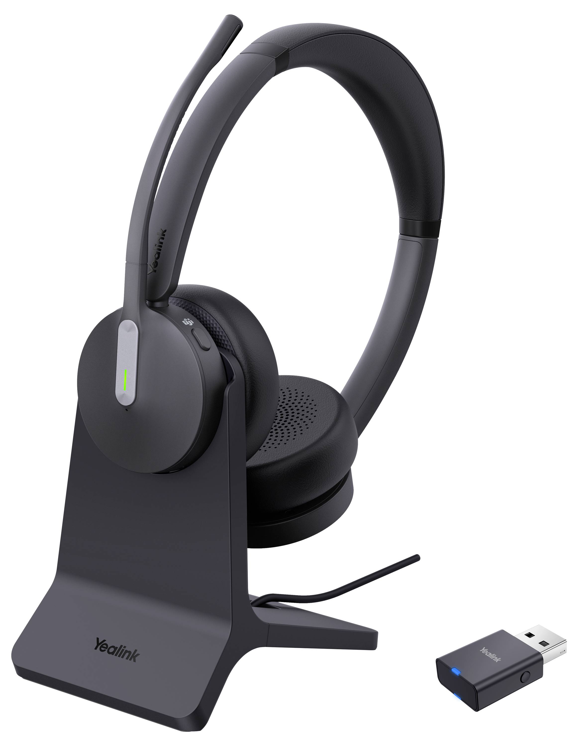 Schwarze Over-Ear-Kopfhörer mit verstellbarem Kopfbügel und angebrachtem Mikrofon, zeigt Steuerungsschaltflächen auf der Ohrmuschel.