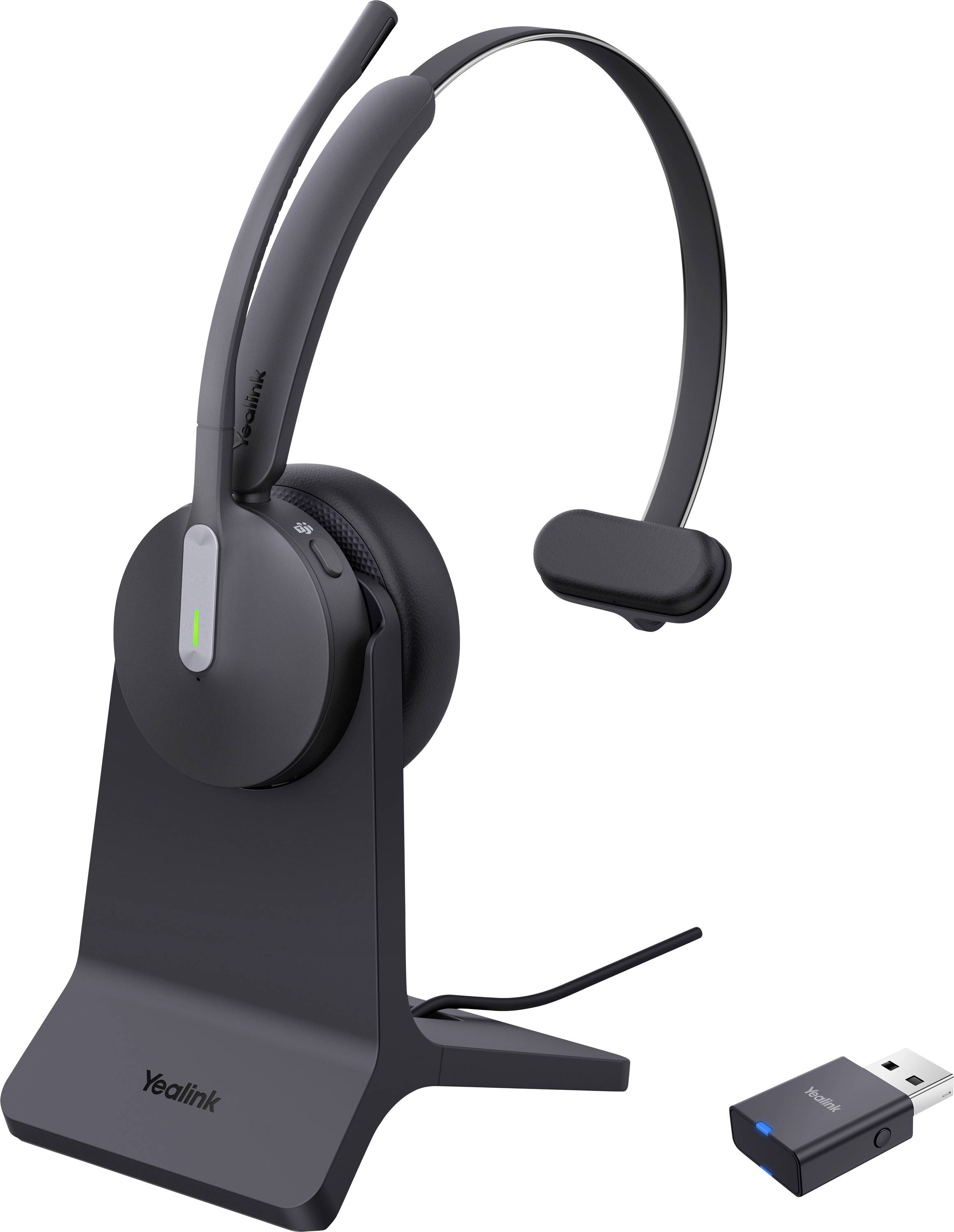 Kabelloses Headset mit Mikrofon auf einem Ständer, mit USB-Empfänger.