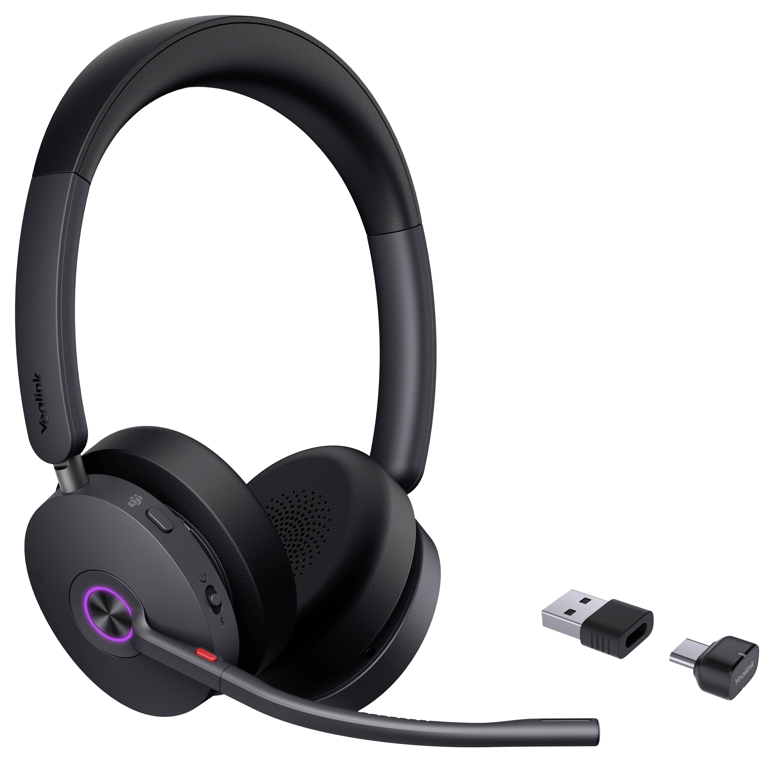 Ein schwarzer, runder Konferenzsprecher mit subtilen LED-Anzeigen oben, mit Lautstärkeregelung und USB-C-Anschluss an der Seite.