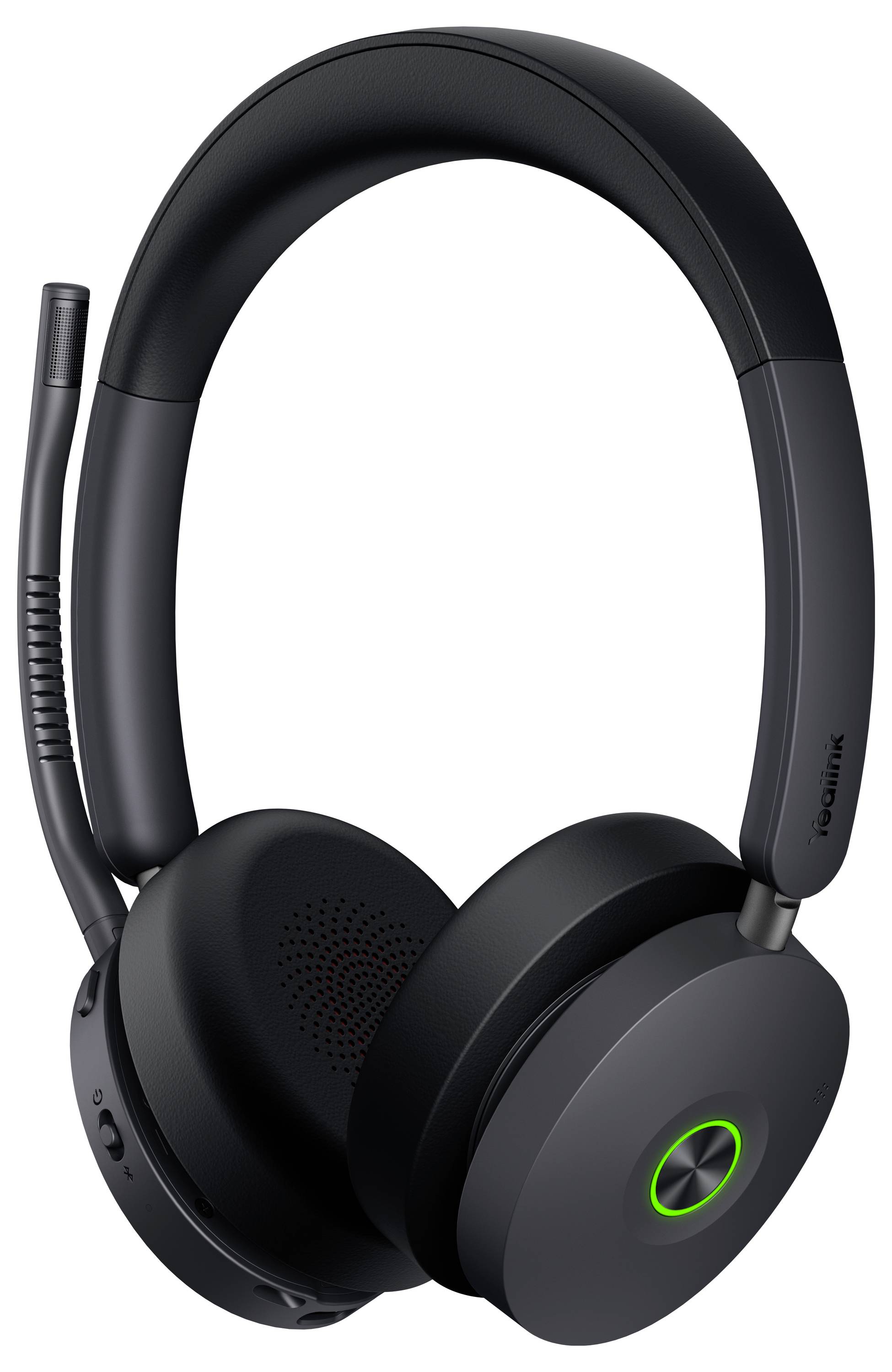 Schwarzes kabelloses Over-Ear-Headset mit Boom-Mikrofon und einem Netzschalter, der von einem grünen Ring beleuchtet wird.
