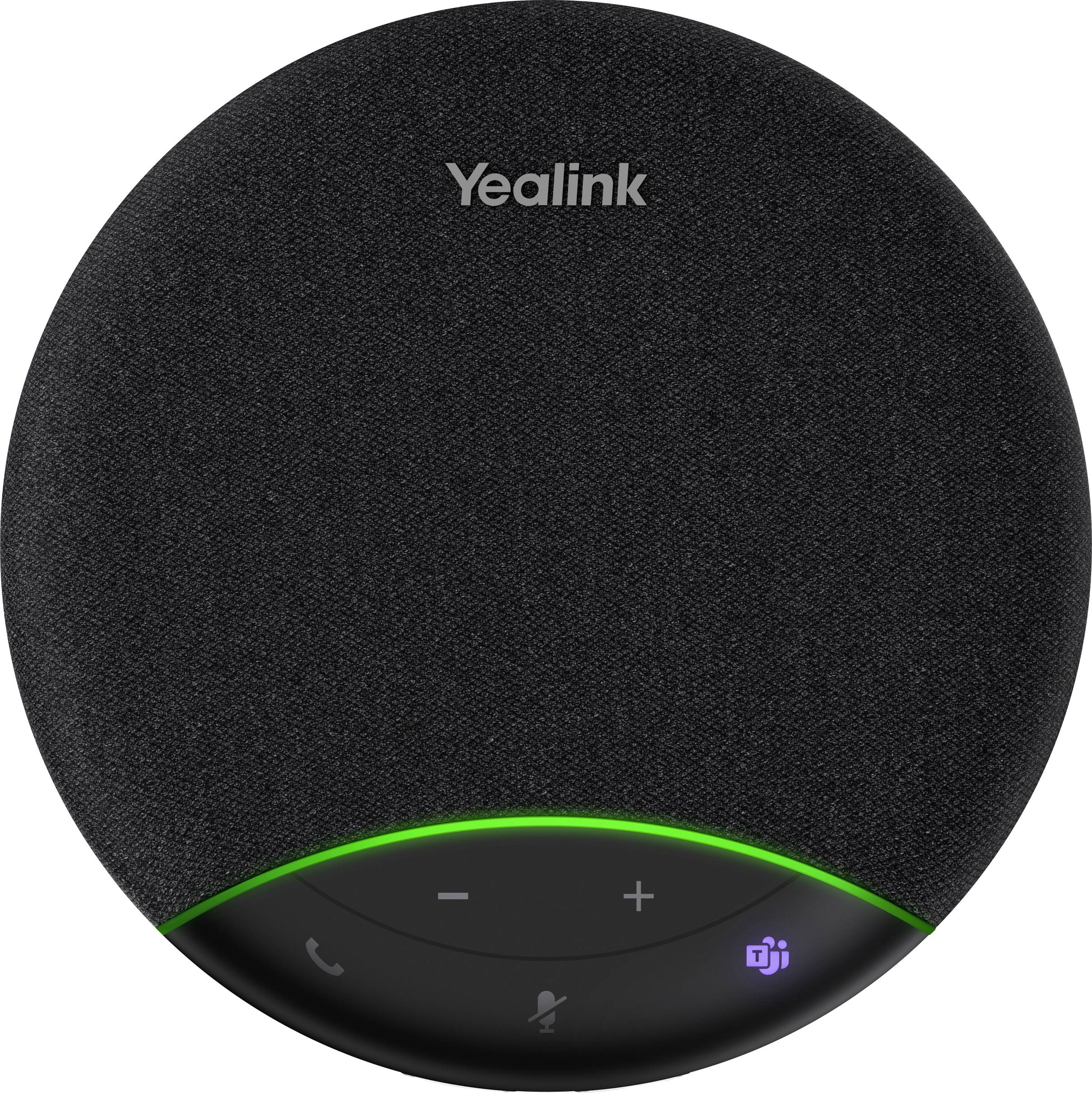 Ein schwarzes kreisförmiges Konferenztelefon mit „Yealink