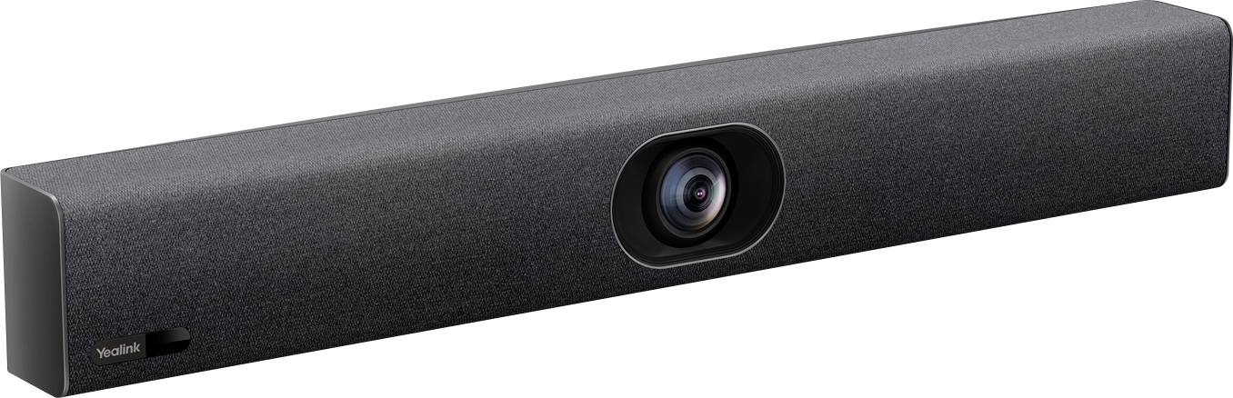 Eine elegante, schwarze rechteckige Soundbar mit zentralem Kameraobjektiv, geeignet für Videokonferenz-Setups.