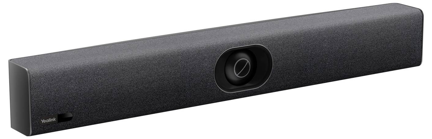 Eine elegante, schwarze Soundbar mit einem zentralen Lautsprecher und Stoffbezug, entwickelt zur Verbesserung des Audios in Heimkinosystemen.