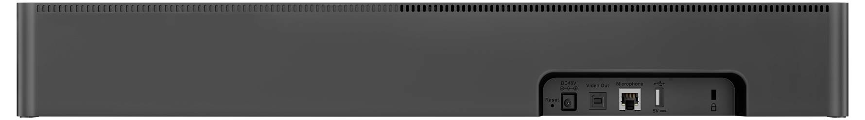 Das Bild zeigt die Rückansicht eines rechteckigen elektronischen Geräts mit verschiedenen Anschlüssen, einschließlich Ethernet und USB, die sich auf seiner Oberfläche befinden.