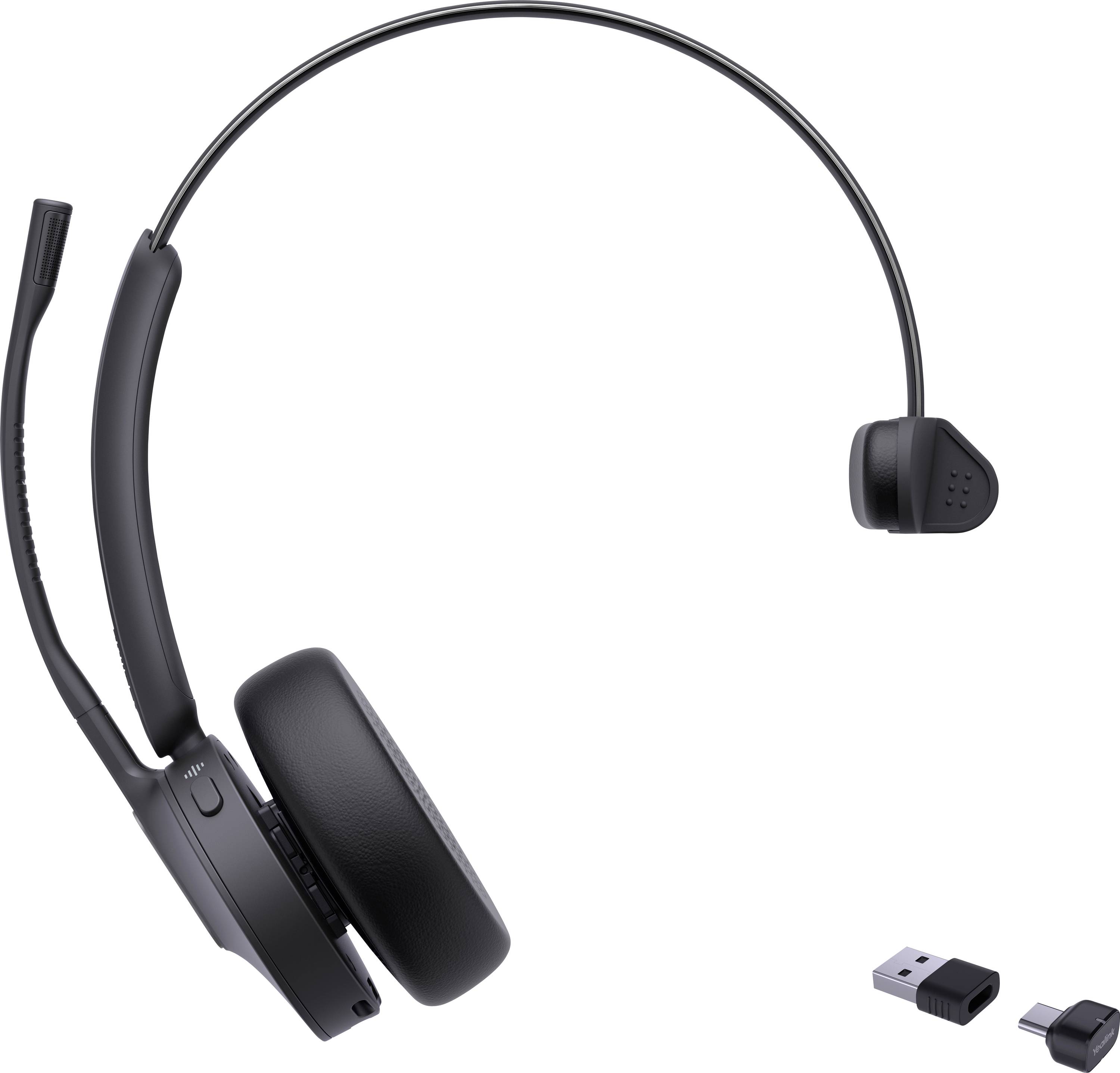 Ein schwarzes kabelloses Headset mit einer einzelnen Ohrklappe und einem angebrachten Mikrofon, daneben ein USB-Dongle für die Konnektivität dargestellt.
