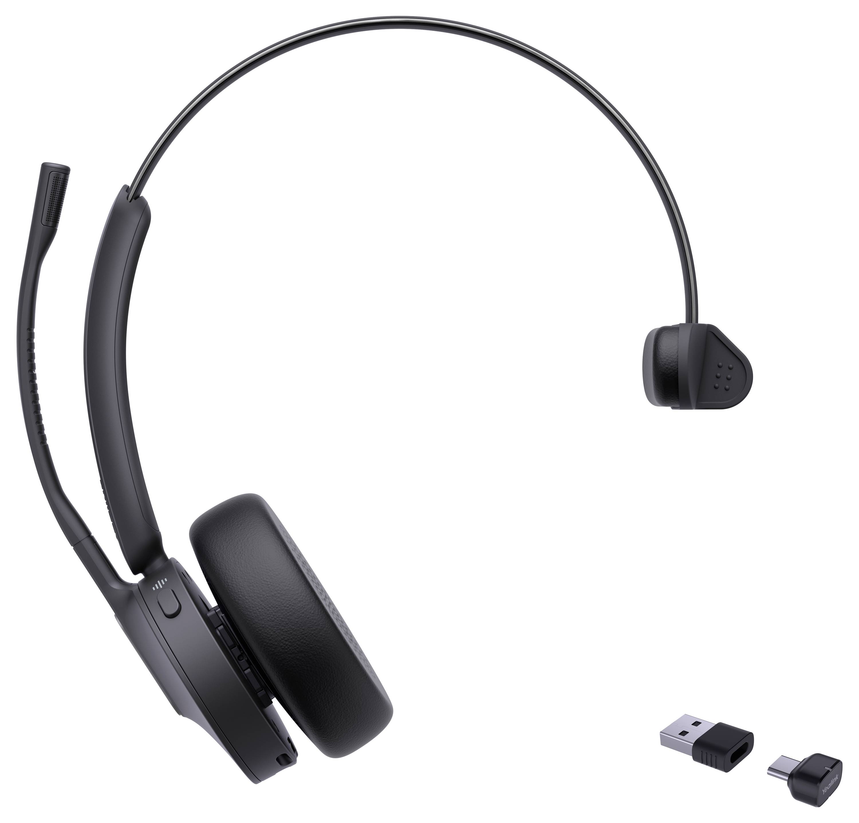 Ein schwarzes kabelloses Headset mit Boom-Mikrofon. USB-Empfänger und ein kleiner Adapter werden separat neben dem Headset gezeigt.