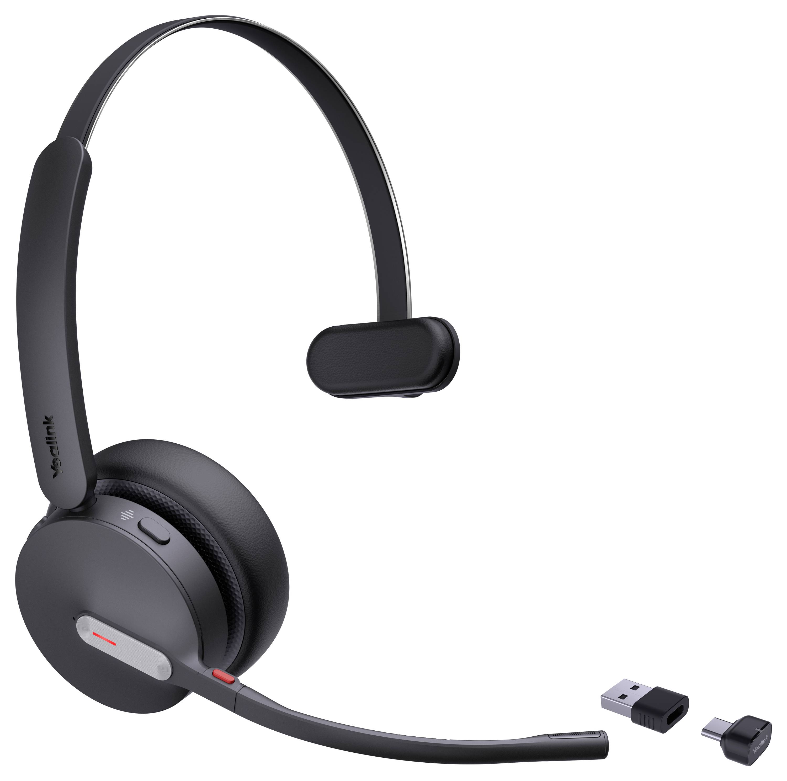 Ein schwarzes, einseitiges Headset mit Mikrofon und USB-Dongle, von der Seite gezeigt; geeignet für die Computernutzung.