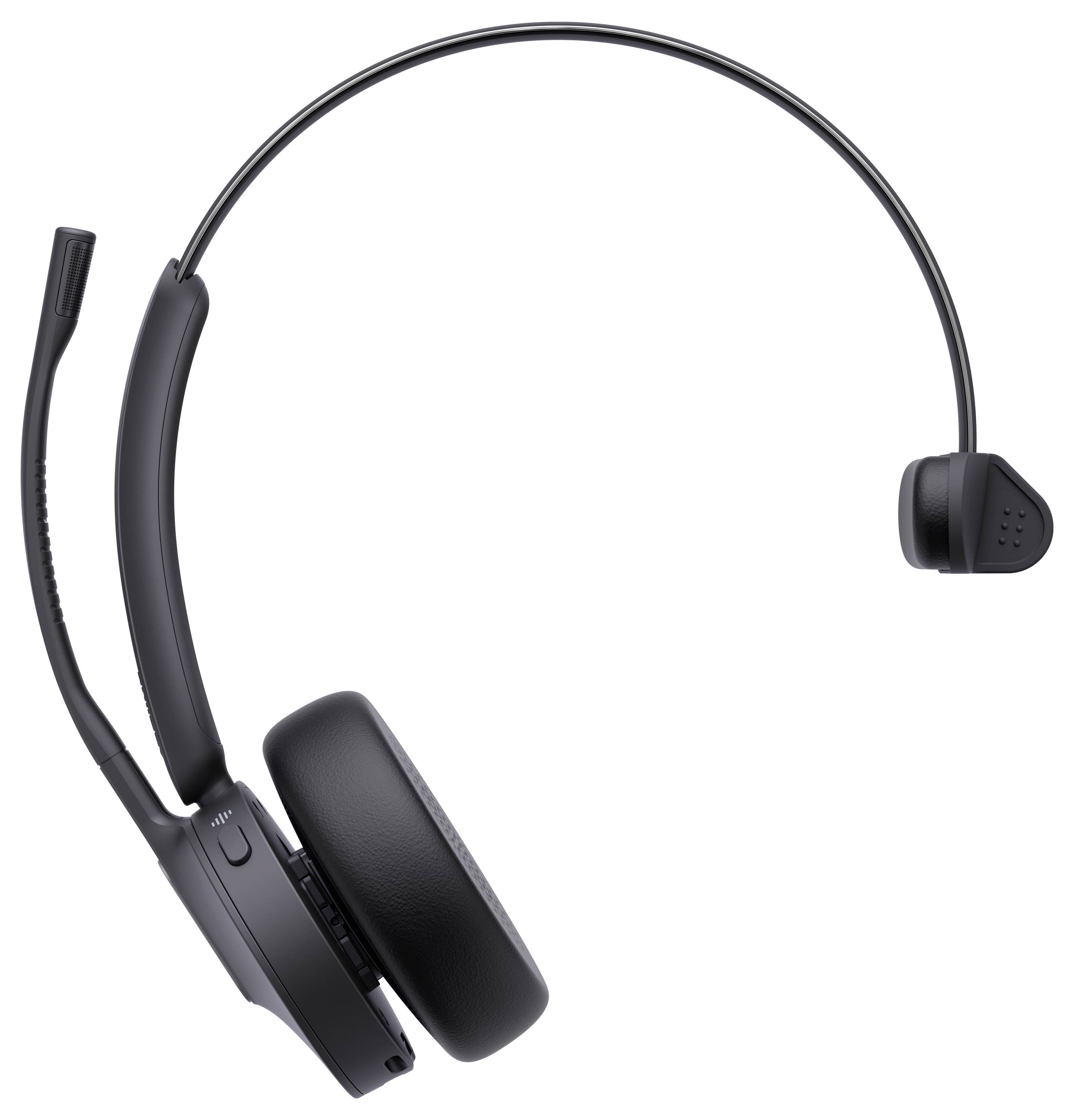 Ein schwarzes drahtloses Headset mit einer einzelnen Ohrmuschel und Mikrofon, entwickelt für Kommunikation und freihändige Nutzung.