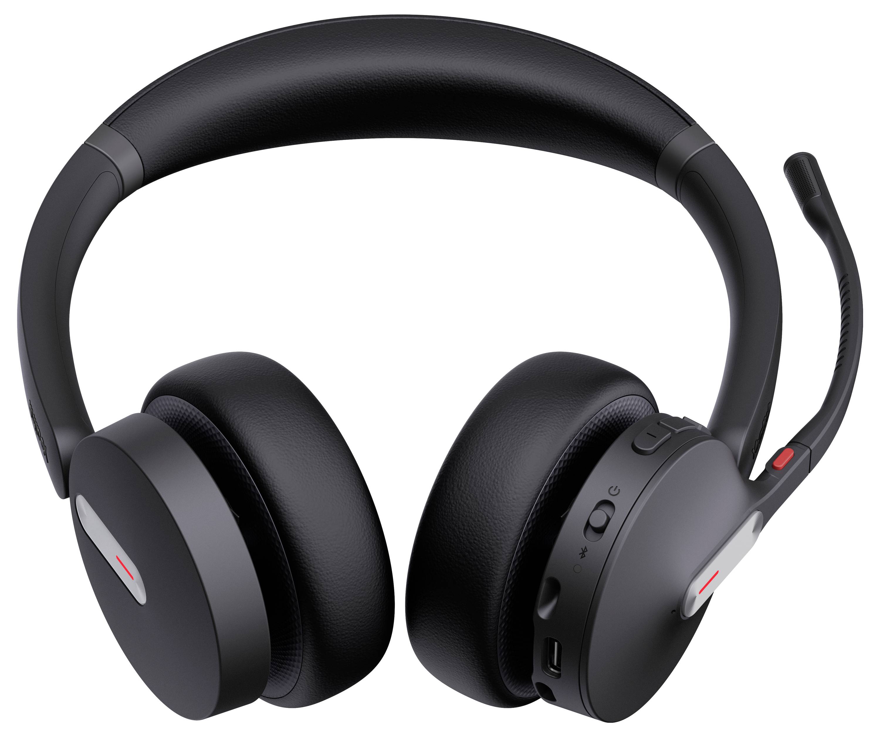 Schwarzes Bluetooth-Kopfhörer-Headset mit Mikrofon, verstellbarem Kopfbügel und gepolsterten Ohrmuscheln, entwickelt für Komfort und Audioclarity.