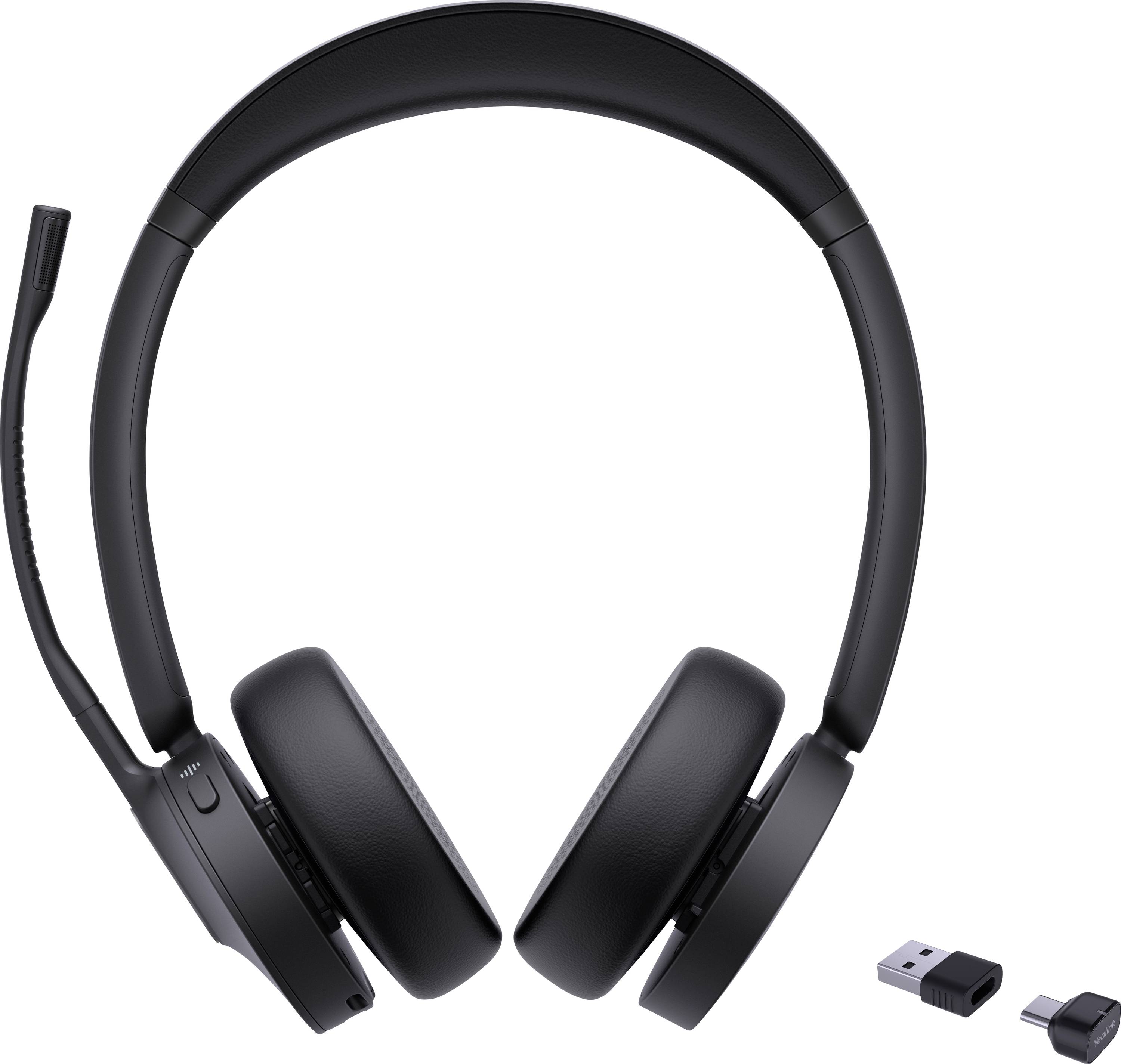 Schwarze Over-Ear-Kopfhörer mit angebautem Mikrofon und USB-Funkmaus-Empfänger. Geeignet zur Verwendung mit Computern.