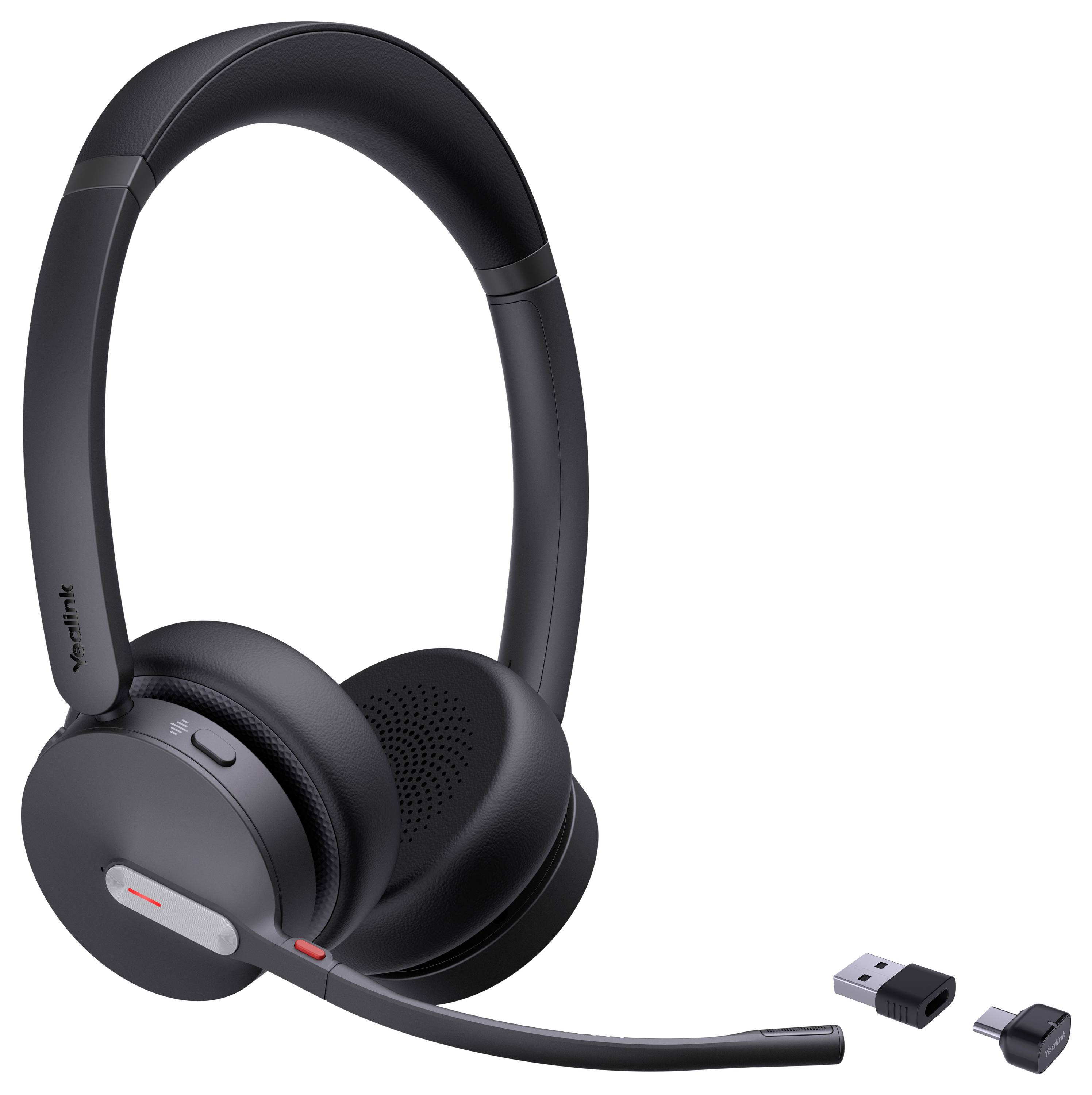 Ein schwarzes Over-Ear-Headset mit Mikrofon und drahtlosem USB-Dongle, geeignet für Kommunikation oder Musikwiedergabe.