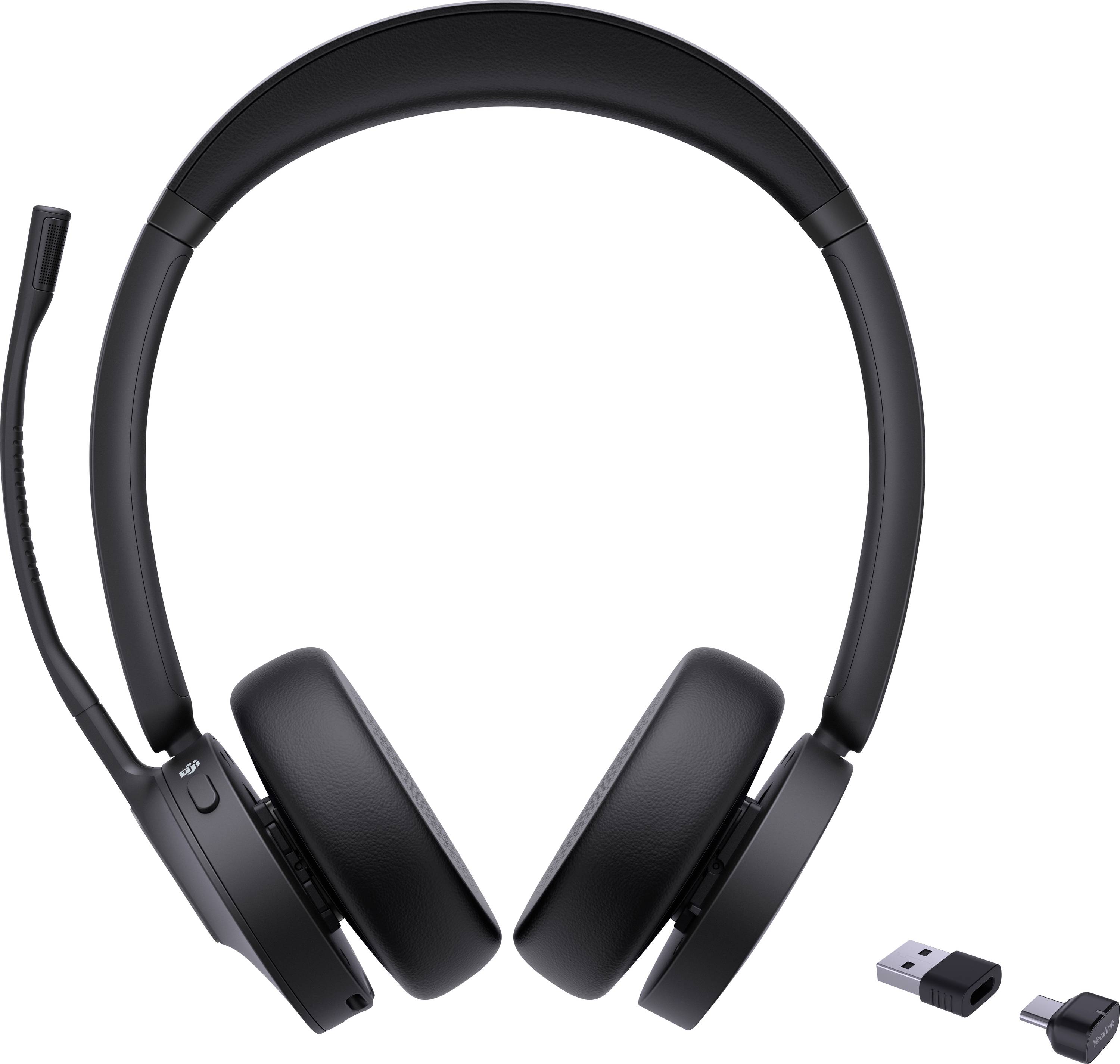 Schwarzes Over-Ear-Wireless-Headset mit Mikrofon und USB-Dongle, entwickelt für digitale Kommunikation oder Audiowiedergabe.