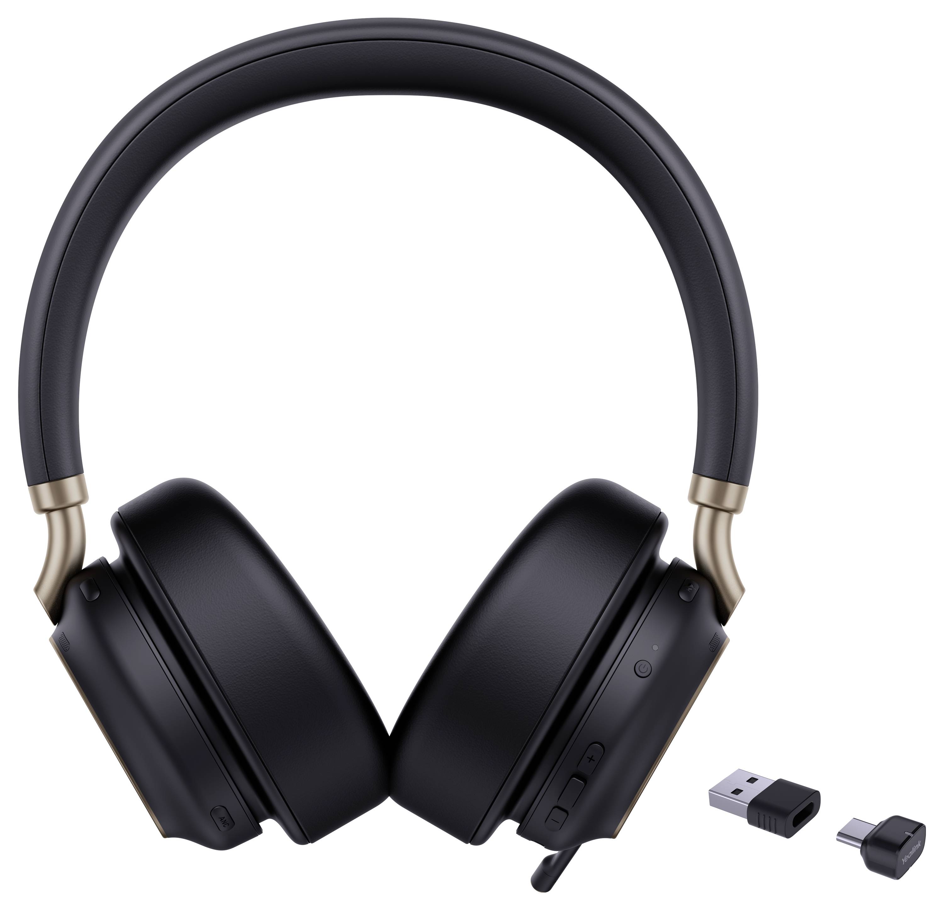 Schwarze kabellose Over-Ear-Kopfhörer mit Goldakzenten, begleitet von einem kleinen USB-Dongle und einem USB-C-Adapter, auf weißem Hintergrund.