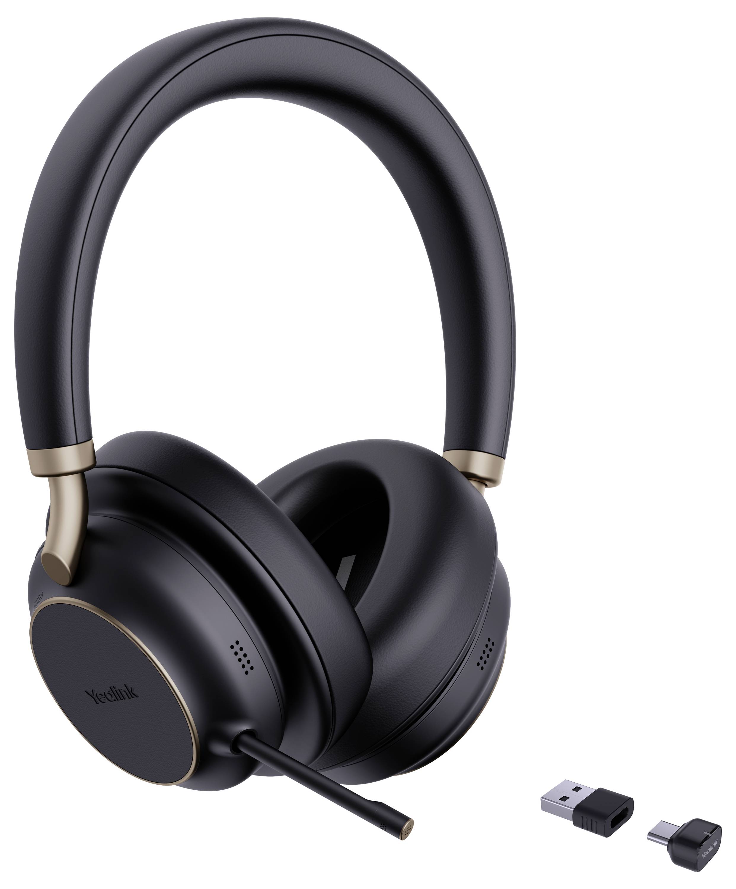 Schwarze Over-Ear-Kopfhörer mit eingebautem Mikrofon, gezeigt neben einem USB-Dongle für kabellose Konnektivität.