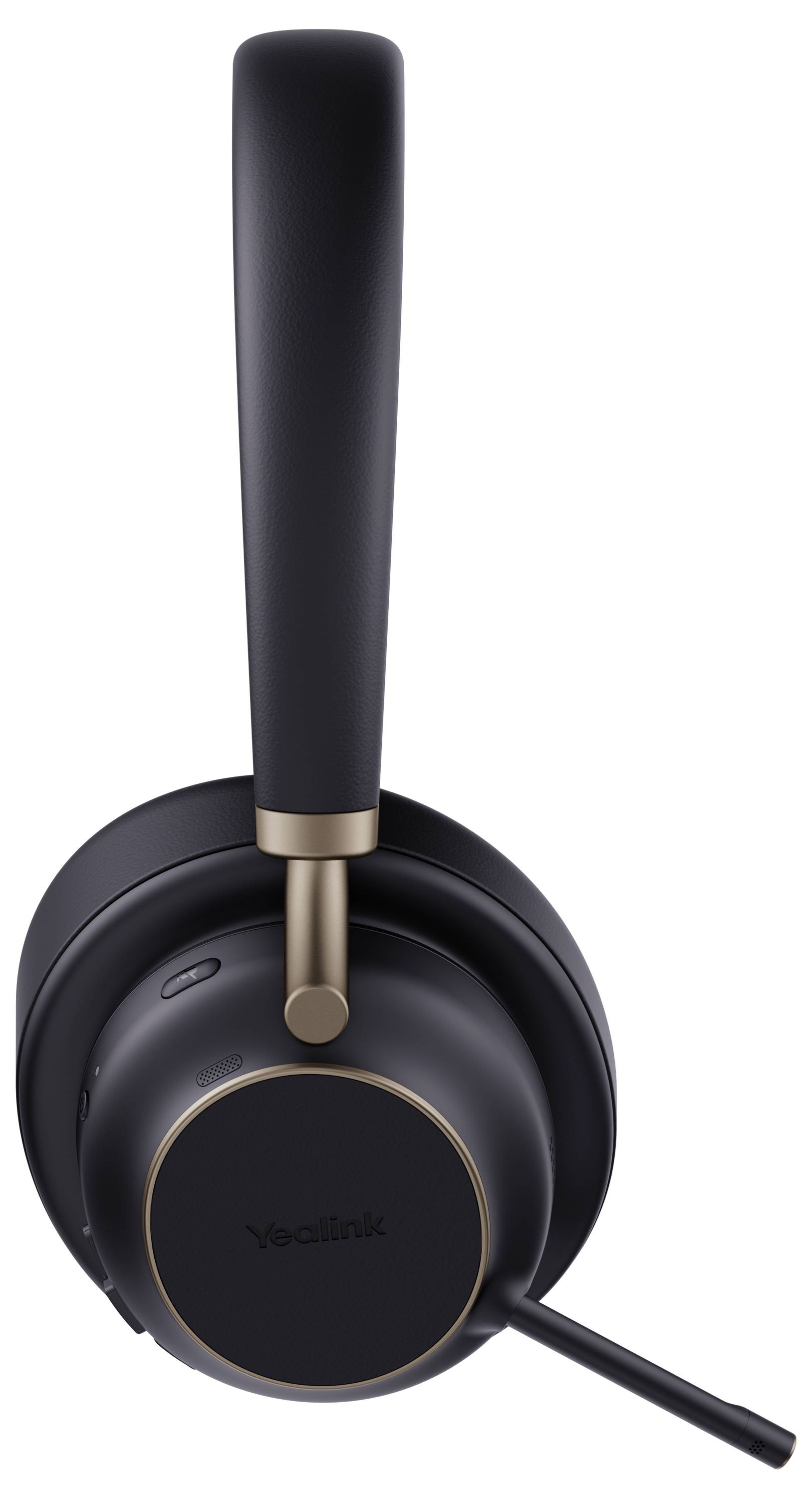 Schwarzes kabelloses Over-Ear-Headset mit angebrachtem Mikrofon, mit modernem Design und gekennzeichnet mit dem Markennamen.