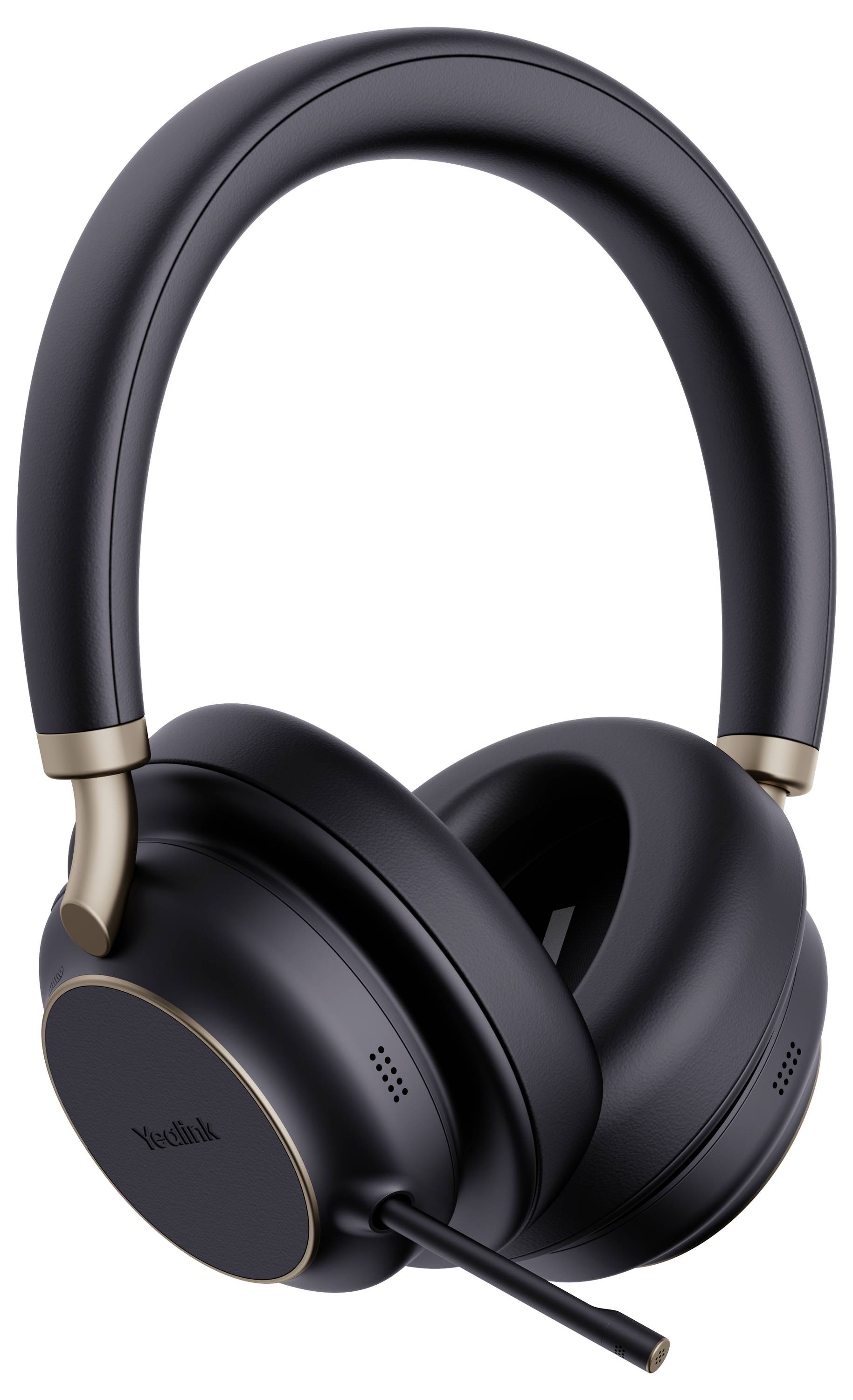 Schwarze kabellose Over-Ear-Kopfhörer mit Mikrofon, mit elegantem Design und goldenen Akzenten.