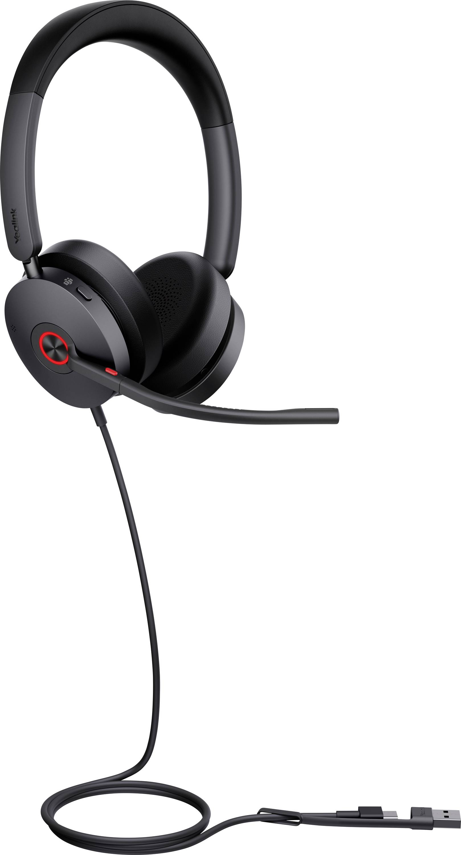 Ein schwarzes Kopfhörer-Headset mit Kabel, verstellbarem Mikrofon und Polsterung für Ohrenkomfort, mit integrierter Bedienung für Lautstärke und Konnektivität.