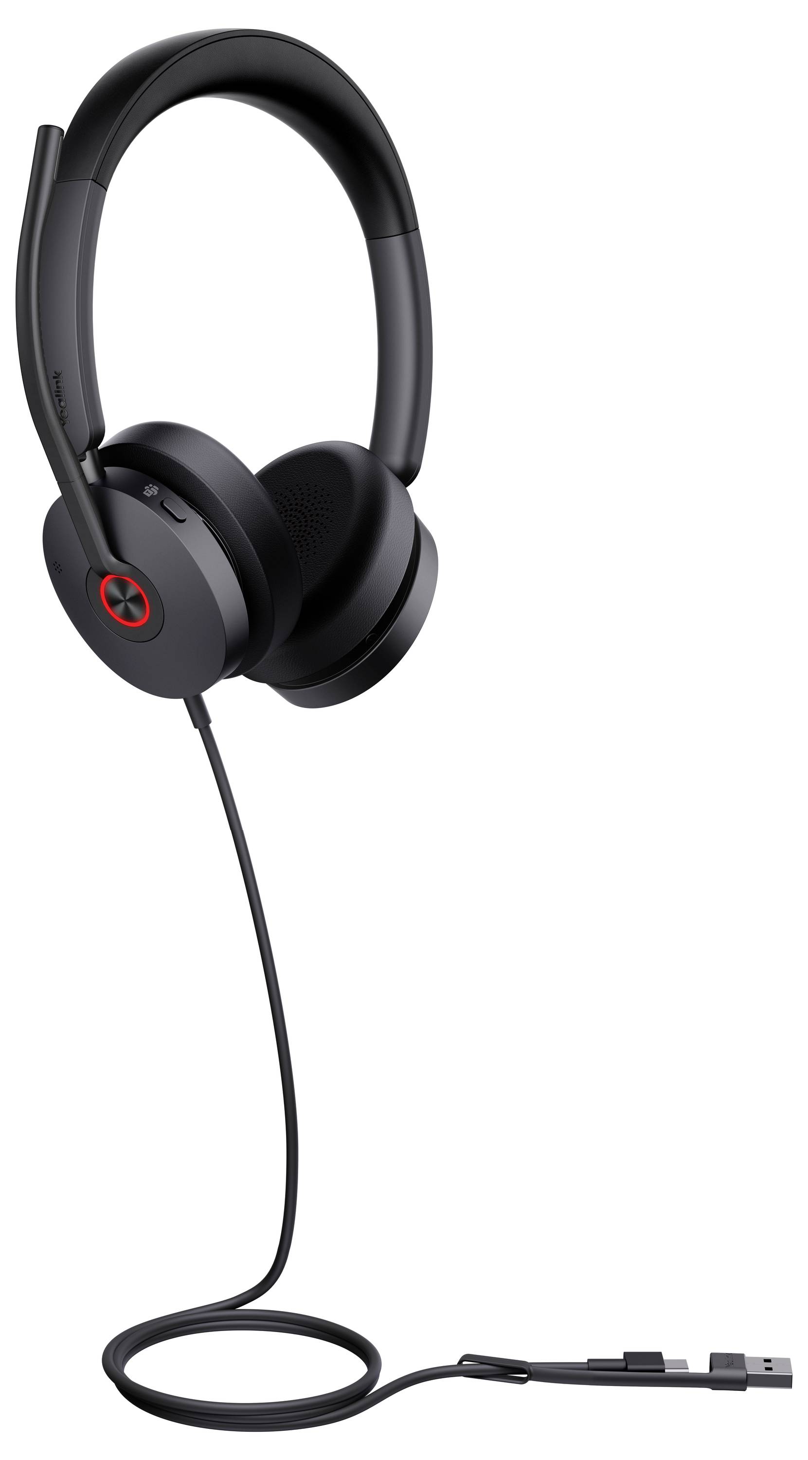 Ein schwarzes Over-Ear-Headset mit roten Akzenten und integrierten Inline-Steuerelementen ist für Kommunikation und Medienwiedergabe konzipiert und verfügt über eine USB-Verbindung.
