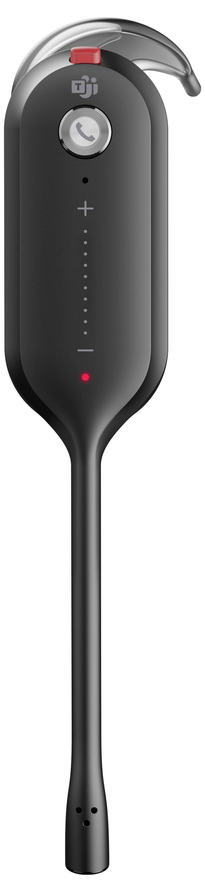 Ein schwarzes, längliches tragbares Gerät mit Tasten und einer Öse oben, mit Plus- und Minuszeichen und einem runden Knopf.