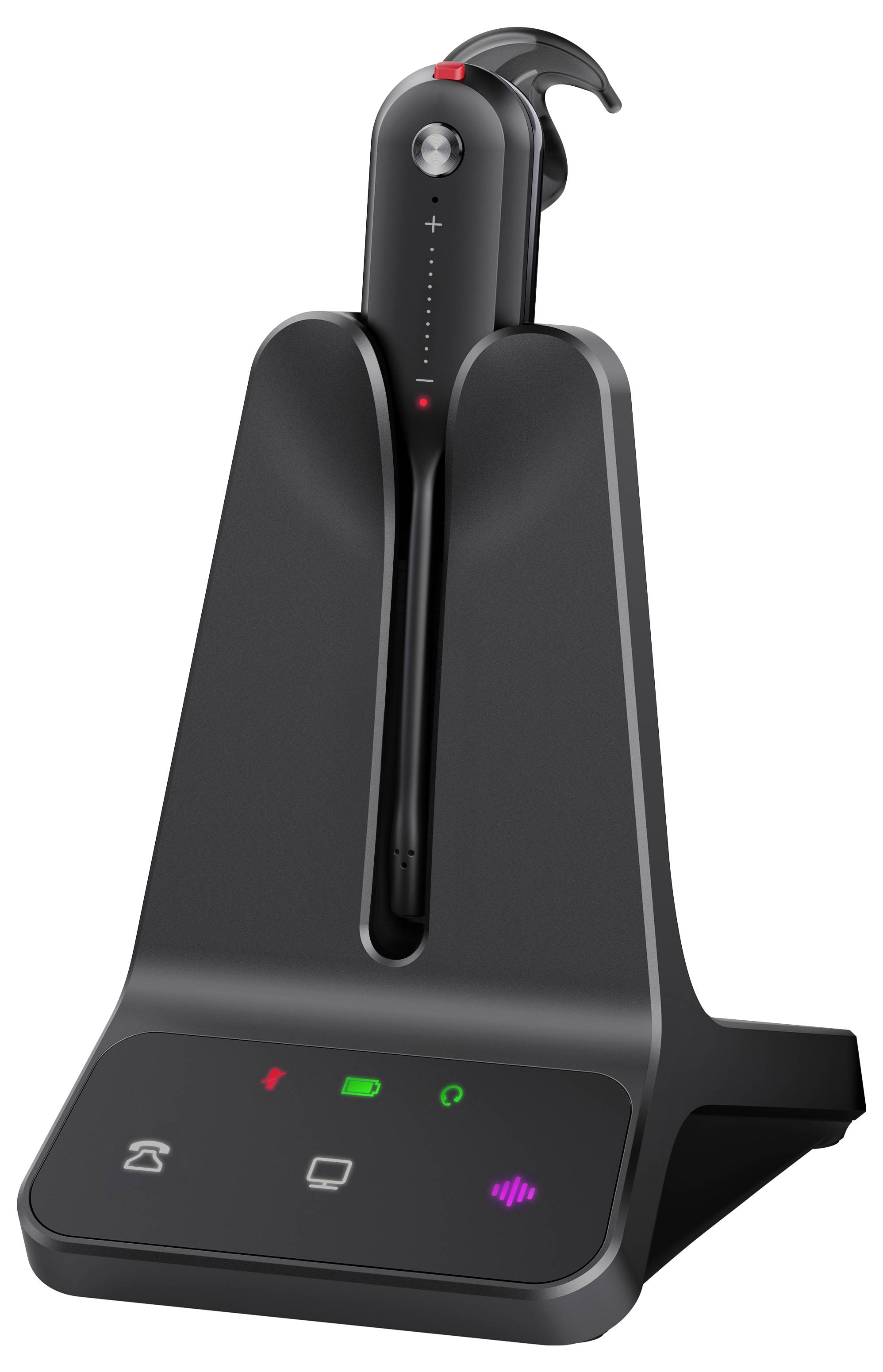 Ein elegantes, schwarzes kabelloses Headset, das auf einer passenden Ladestation ruht. Das Headset verfügt über Lautstärkeregler, und die Ladestation zeigt Telefon-, Bildschirm- und Soundsymbole.