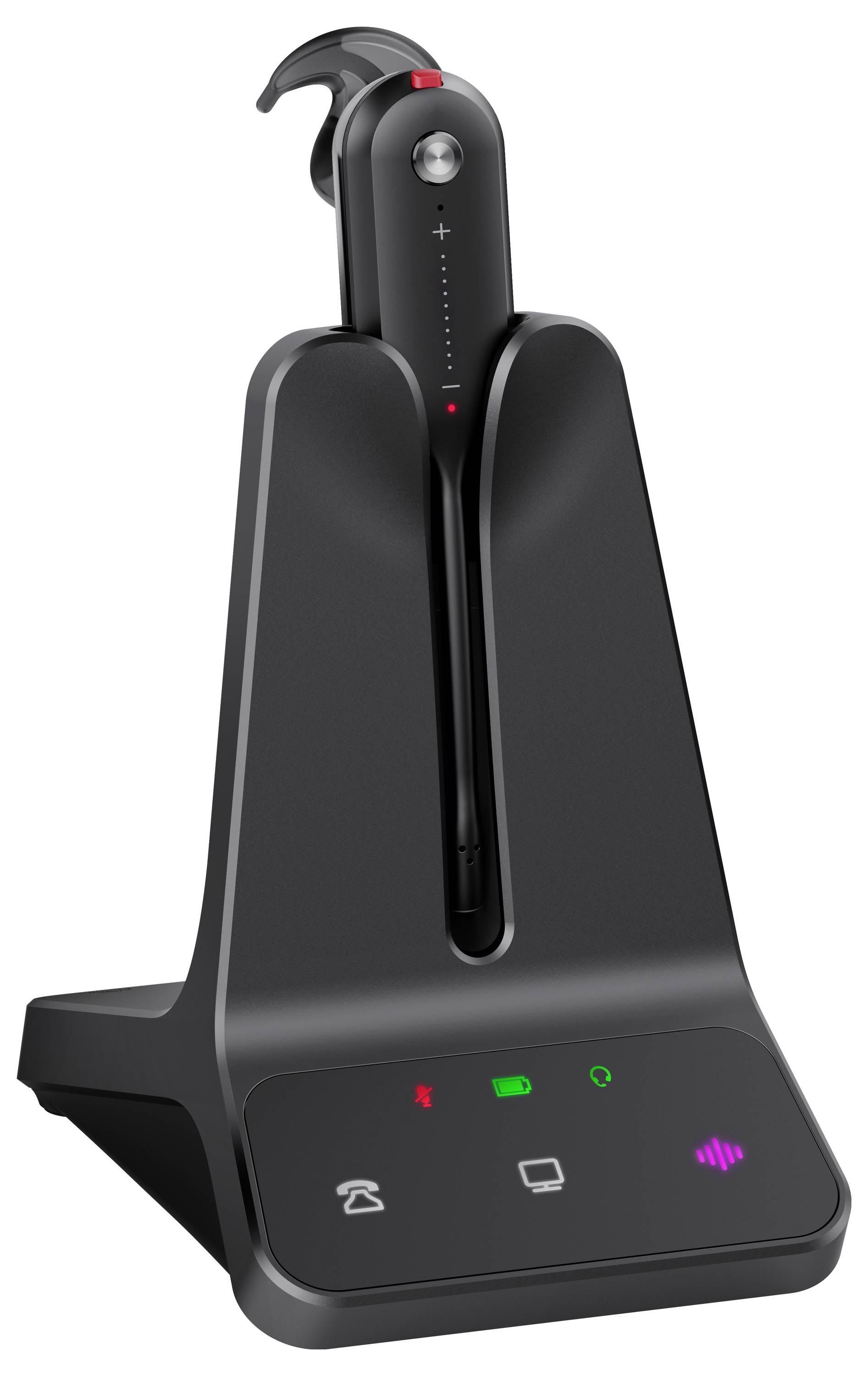 Schwarze Over-Ear-Kopfhörer mit eingebautem Mikrofon und Lautstärkeregelung an der linken Ohrmuschel, entwickelt für Audio- und Kommunikationszwecke.