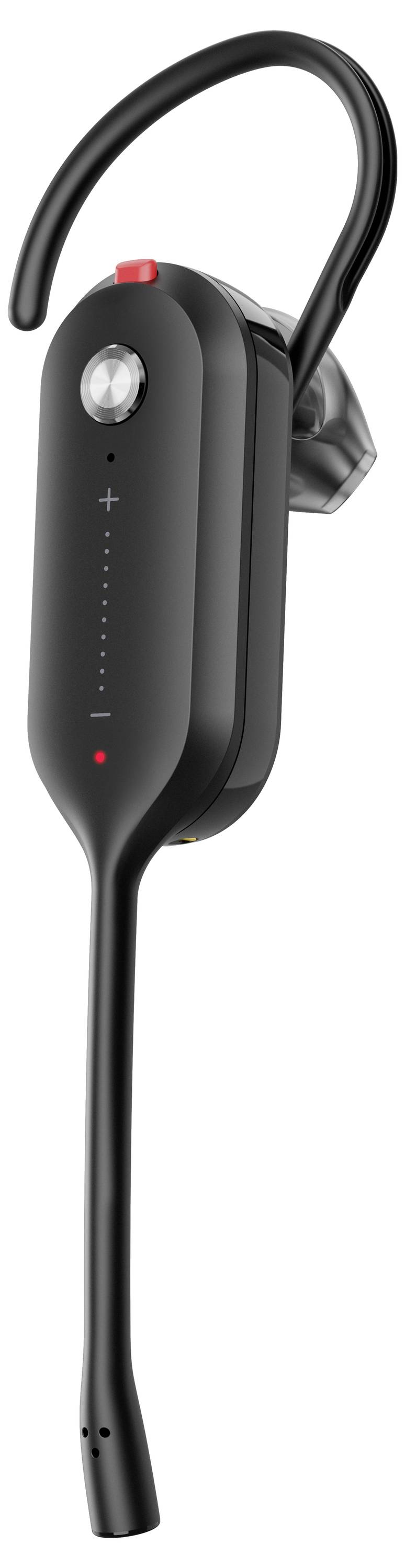 Ein schwarzes Ohr-Bluetooth-Headset mit Mikrofon-Ausleger, Lautstärkeregelung und LED-Anzeigen.