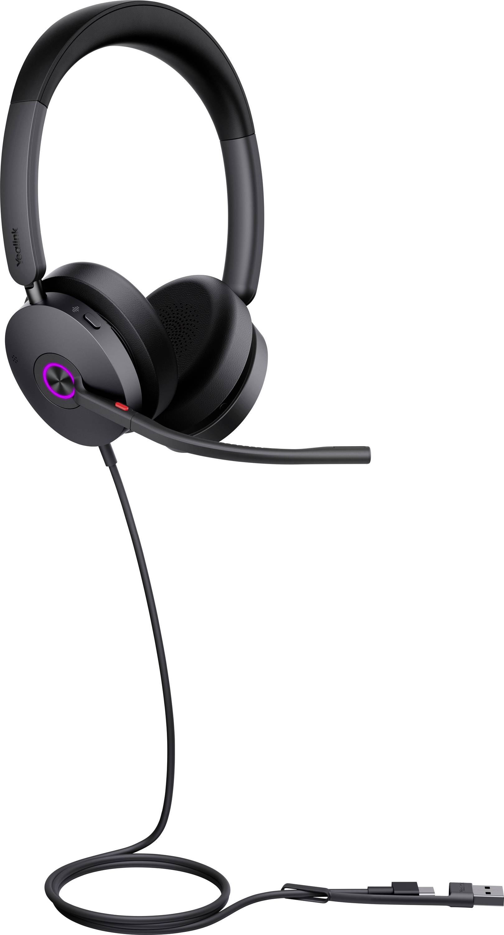 Ein schwarzes schnurkopfhörer mit angebrachtem Mikrofon. Das Headset verfügt über ein violettes Logo auf dem Ohrmuschel und eine Inline-Steuerung am Kabel.