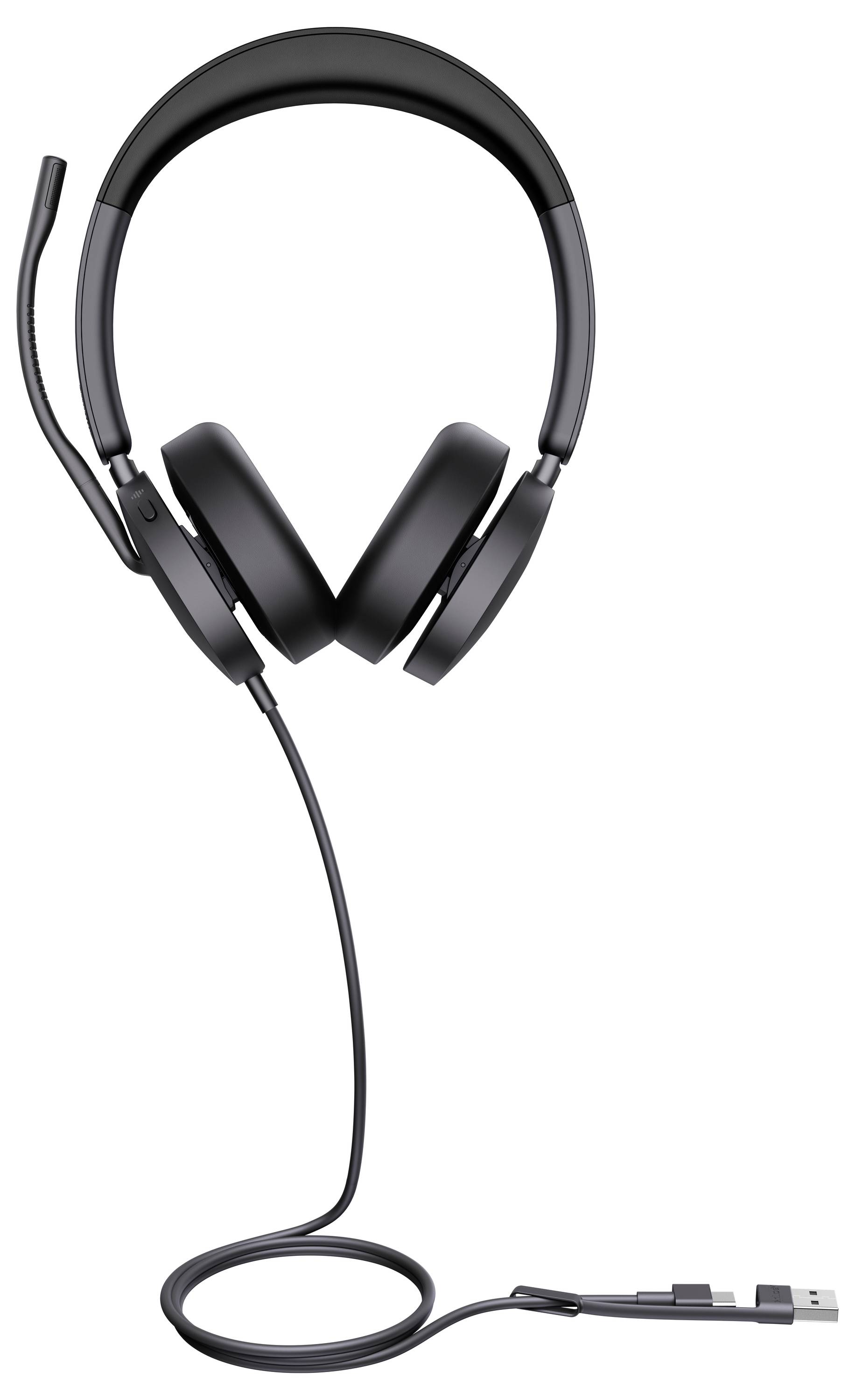 Ein schwarzes Over-Ear-Headset mit angebautem Mikrofon und USB-Verbindungskabel, entworfen für die Verwendung mit Computern oder Kommunikationsgeräten.