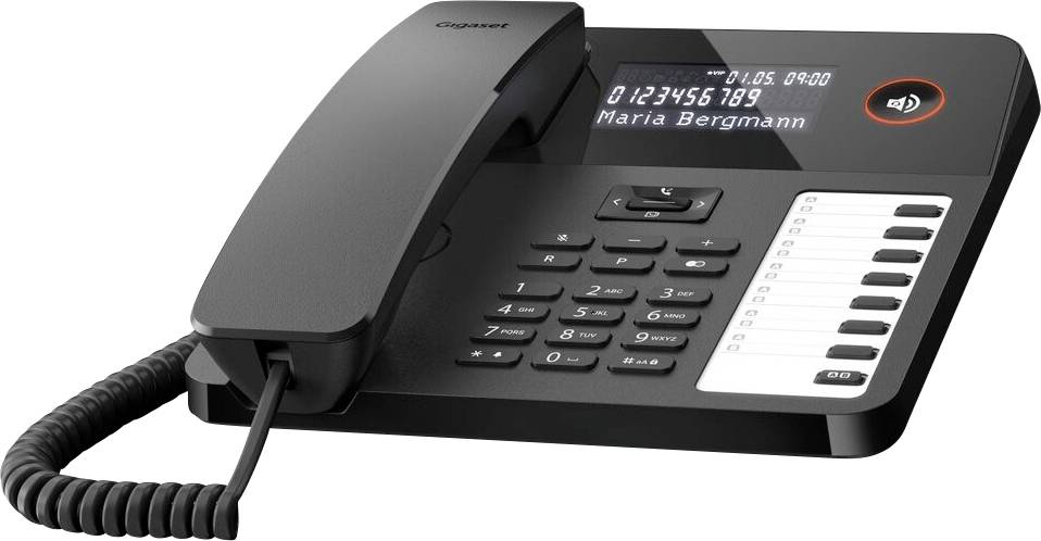 Ein schwarzes Bürotischtelefon mit digitaler Anzeige, die das Datum, die Uhrzeit und die Anrufer-ID „0123456789 Maria Bergmann