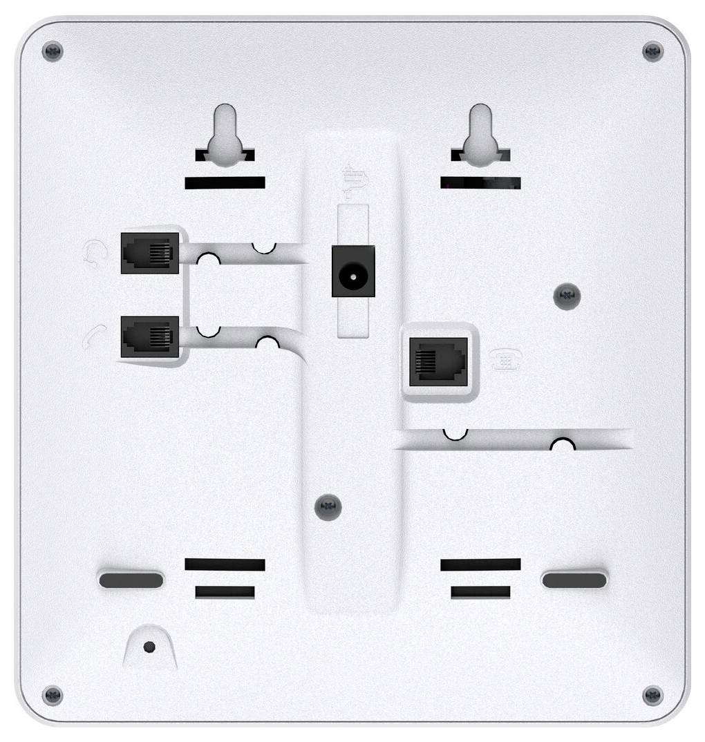 Rückansicht eines weißen wandmontierten elektronischen Geräts mit mehreren Anschlüssen, einschließlich Ethernetverbindungen, Stromeingang und Montagelöchern.